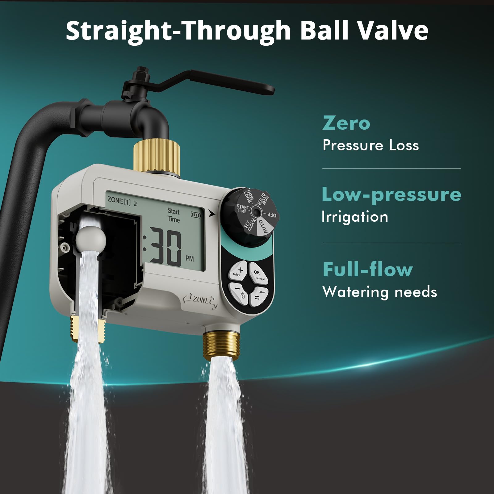 QUOBAS Timer per irrigazione a pressione zero con blocco bambini, timer programmabile per tubo da giardino con porte in ottone, sistema di irrigazione manuale o automatico, 2 zone di irrigazione per