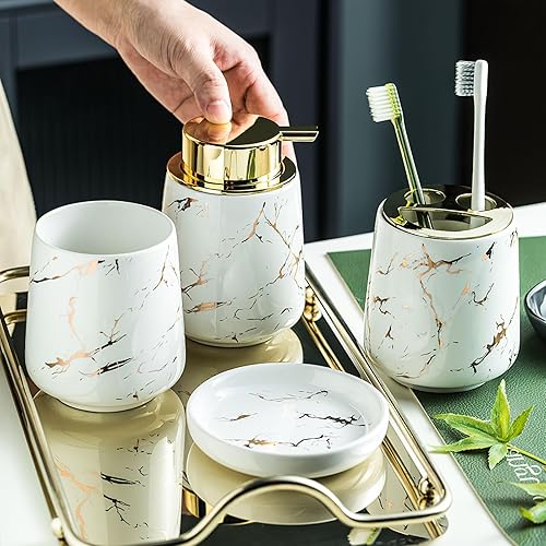 Miniatura 4 de Juego de accesorios de baño, 4 piezas, dispensador de jabón de baño, incluye dispensador de jabón espumoso de cerámica, jabonera, soporte para