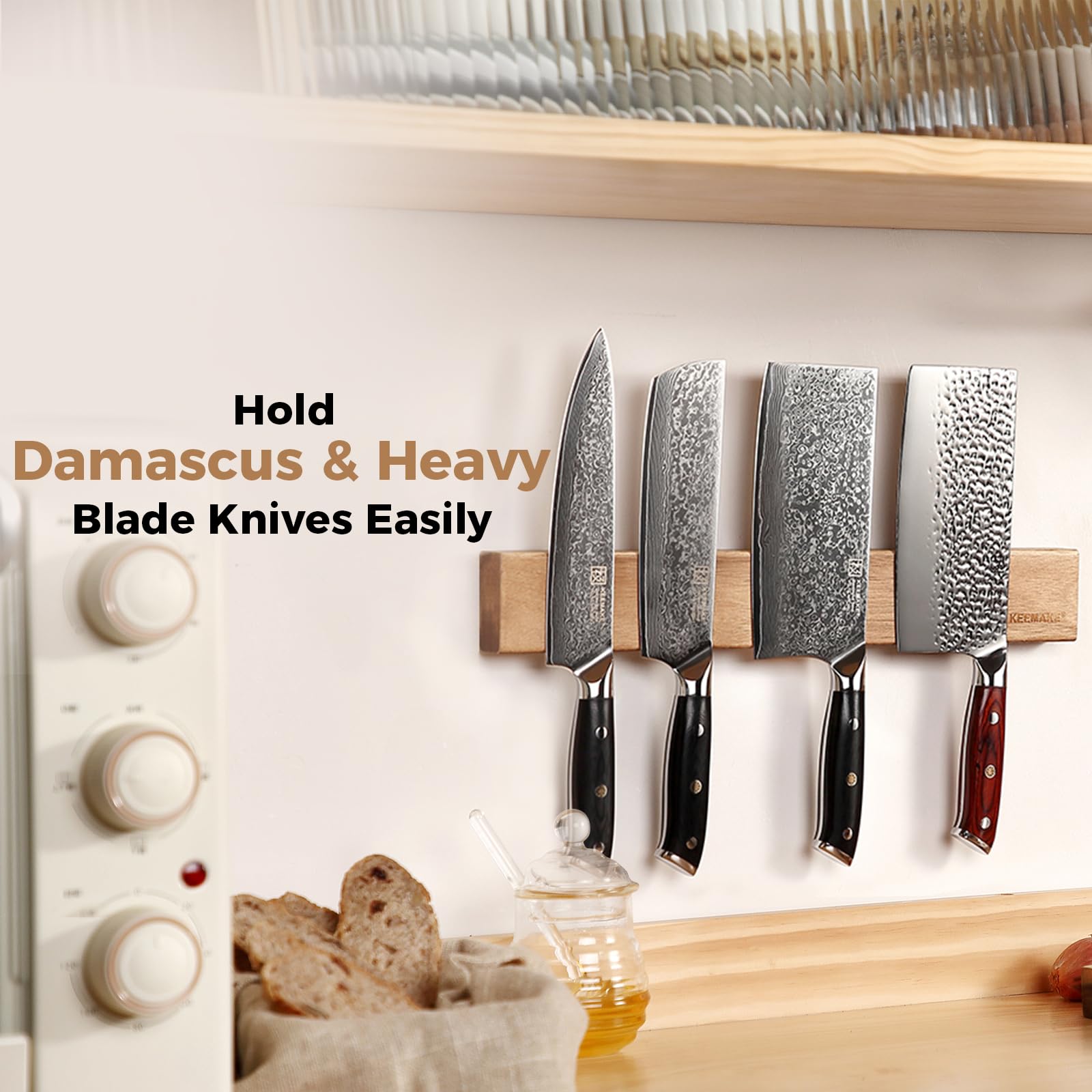 KEEMAKE Soporte magnético para cuchillos de pared, 41 cm, madera de acacia, potente imán de neodimio para colgar cuchillos de cocina y herramientas magnéticas