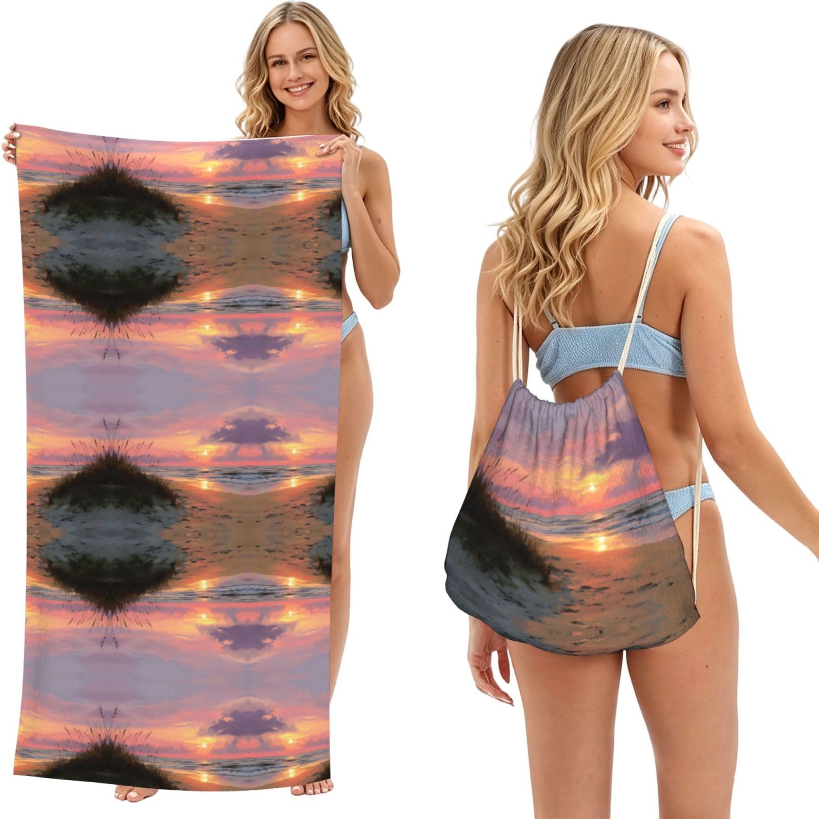 EZDLOWVBA Sunset Beach Print Beach Towel Backpack 2 In 1 Summer Large Lightweight Beach Towel - Multifunctional Ship Pattern Towel Bag For Storage,Sport
