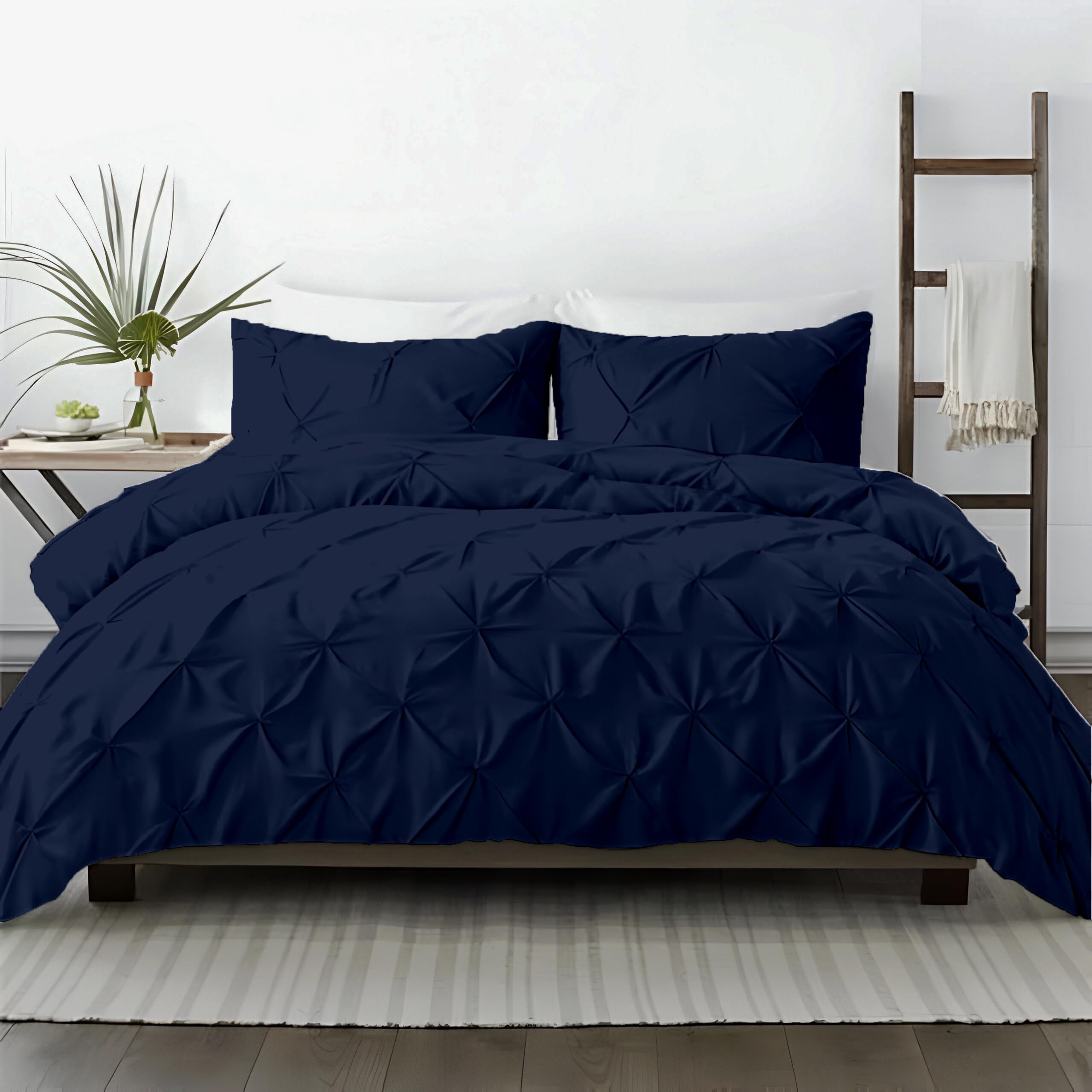 Kotton Culture 600 Thread Count Pinch Pleated Duvet Cover Only 100% Egyptian Cotton Breathable All Season Comforter Cover with Zipper Closure & Corner Ties Sateen Weave (Navy Blue, Queen)