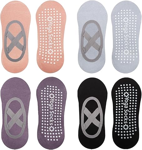 4 Pares Calcetines Antideslizantes para Yoga y Pilates con Agarre y Correas - Accesorios para Hombre y Mujer - Ballet, Barre, Dance y Entrenamiento
