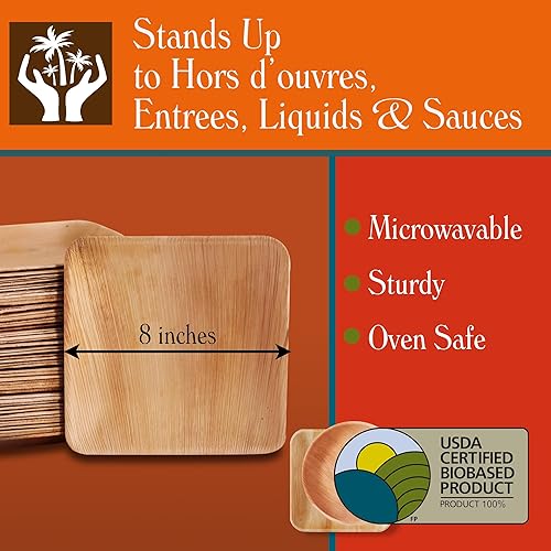 Miniatura 3 de Platos compostables de hoja de palma  cuadrados de 8 pulgadas 100 unidades desechables resistentes aptos para microondas  biodegradables y