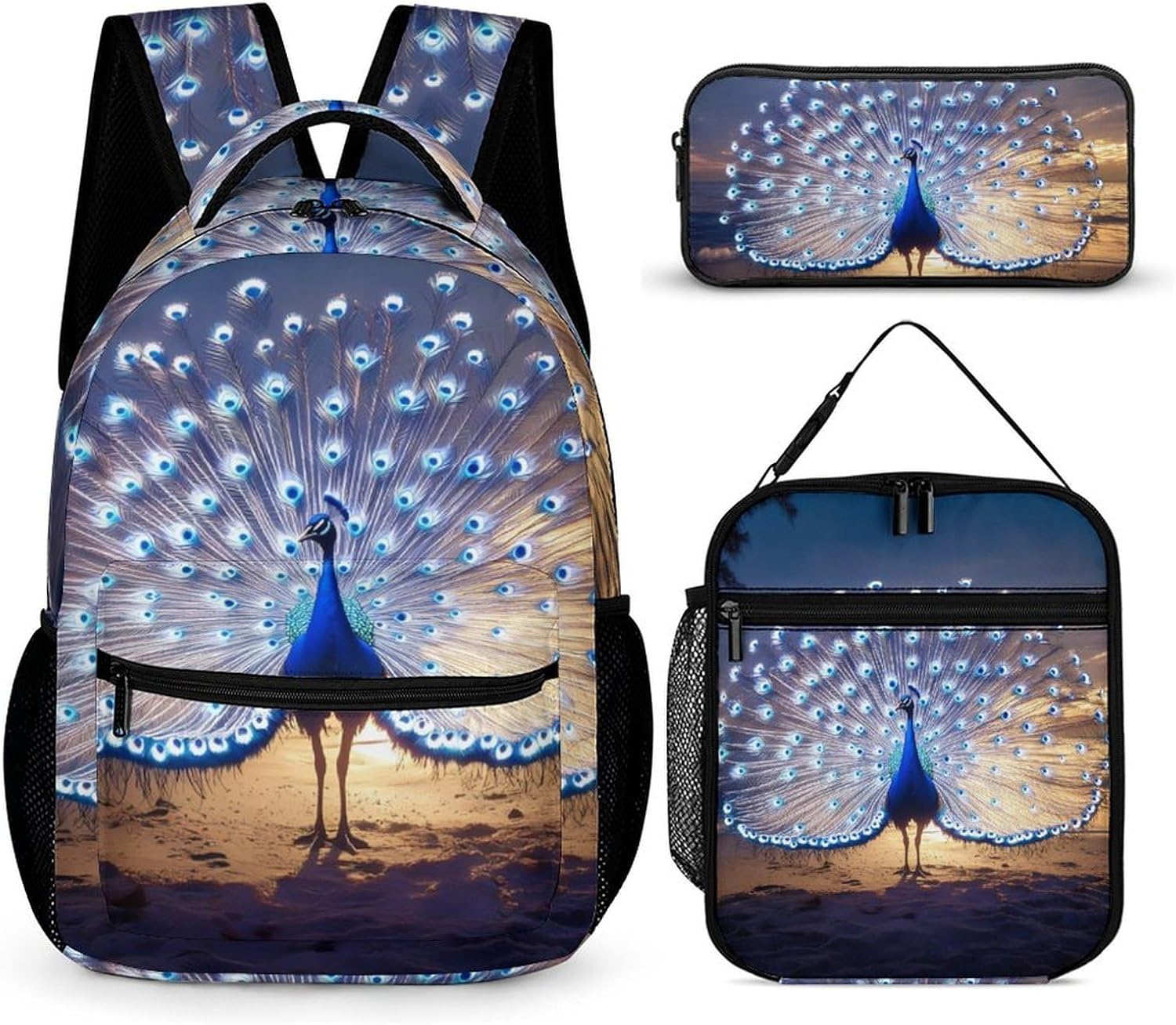 Peacock on Beach Cute Backpack Sets with Lunch Box And Pencil Case Casual 3Pcs Daypack Set for Women Men