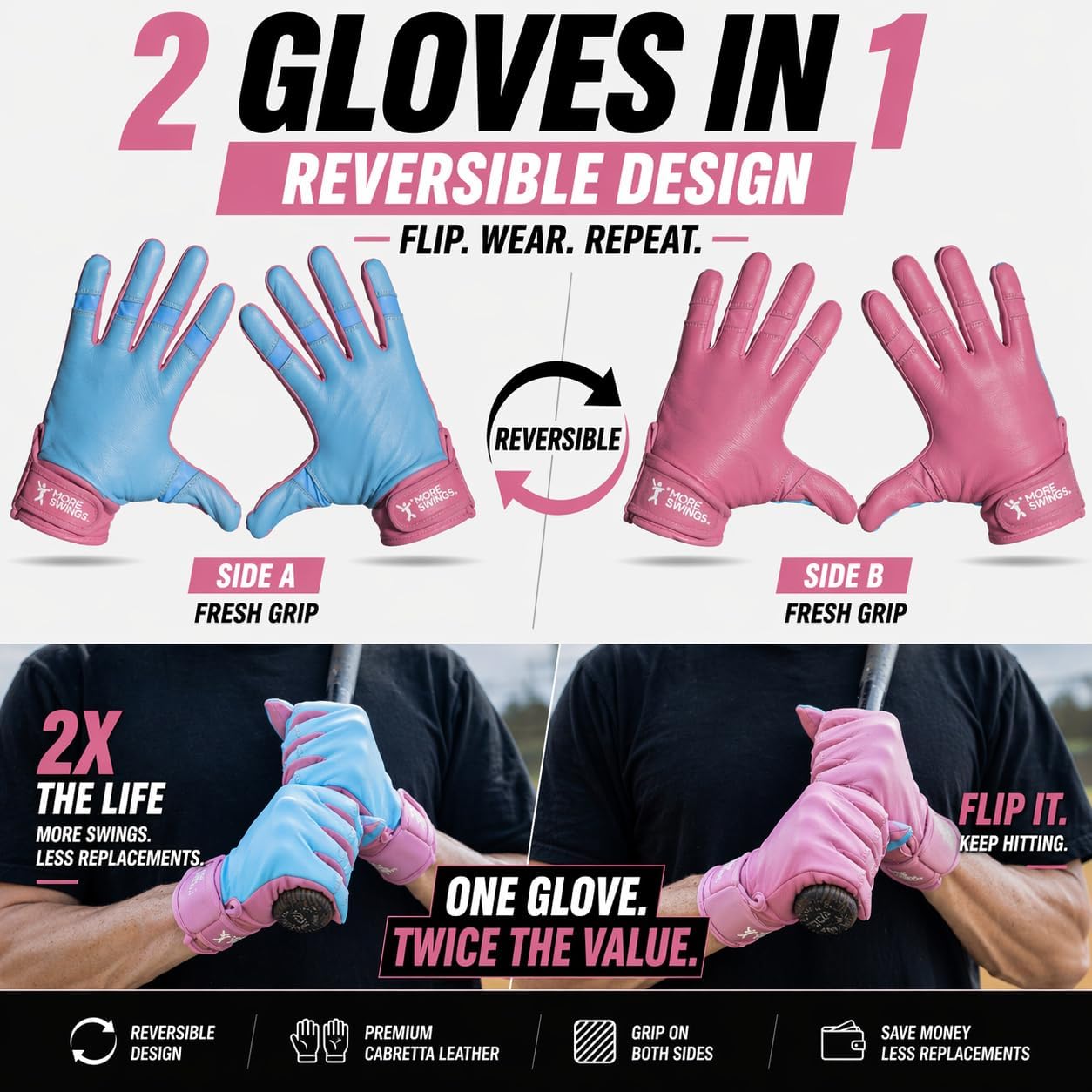Batting Gloves- Reversible, Double-Sided for 2X Lifespan, Built for Practice