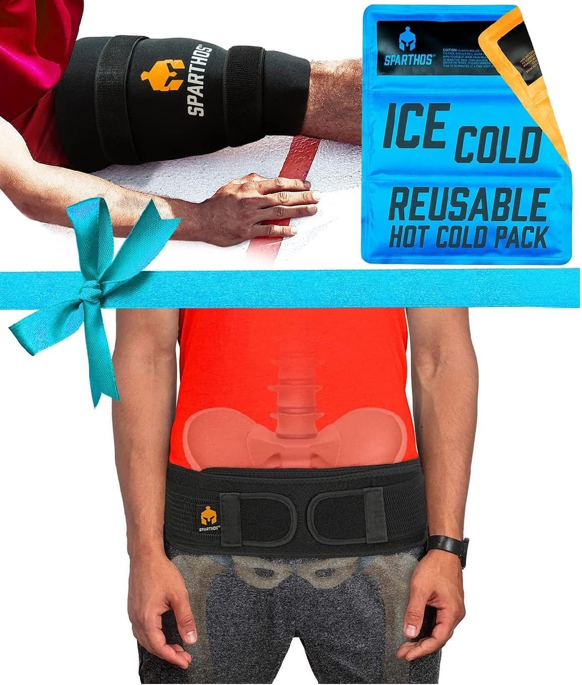 Sparthos Sacroiliac Si Hip Belt [Size Regular - Black] x Ice Packs for Injuries [Size Large + Cover]