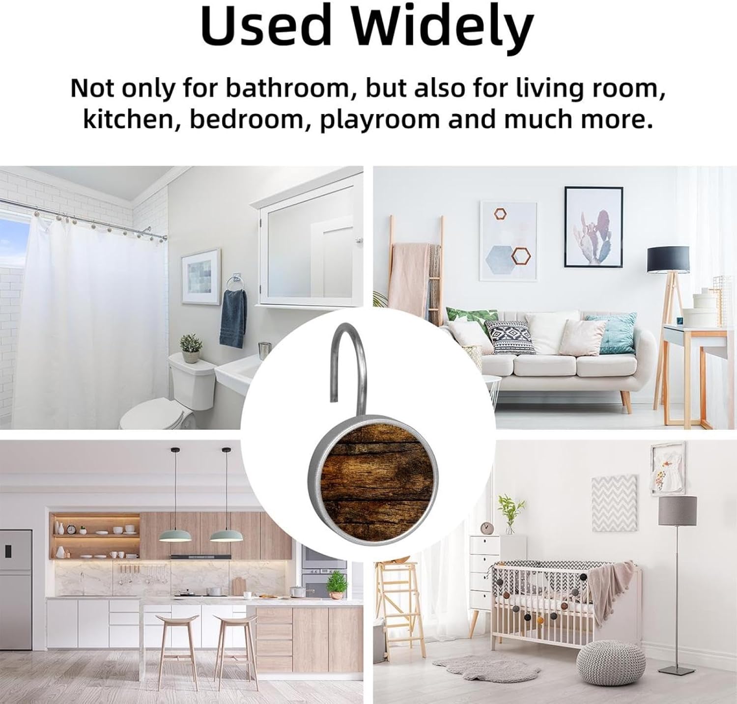 Vintage Brown Wood (4) Shower Curtain Hooks, Rust Resistant Crystal Glass Shower Hooks for Bathroom, Glide Shower Rings for Shower Curtain,Liner,Rod-12 Pack