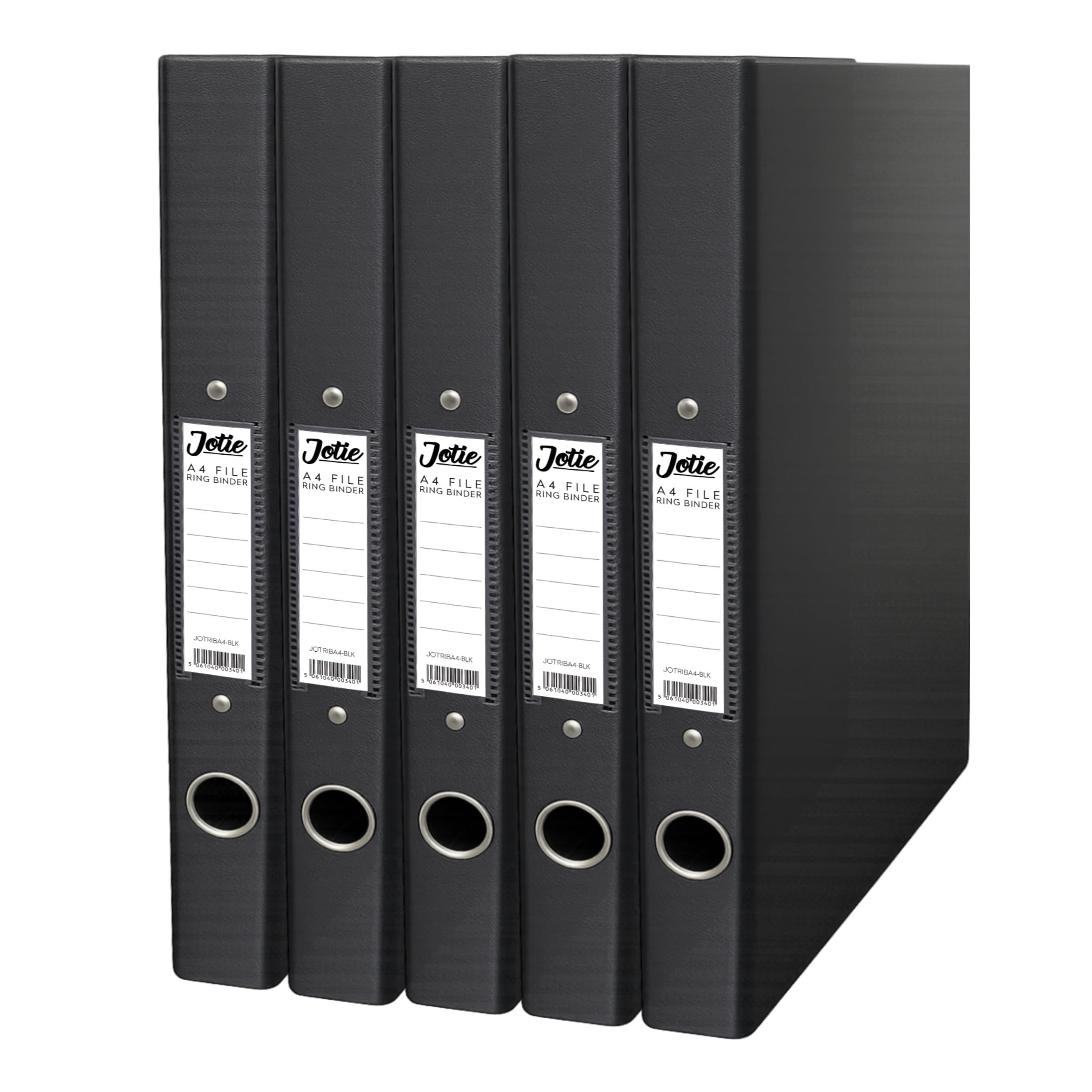 Jotie A4 Ring Binder Folder, Durable 2 Ring A4 Binder for Files & Documents, 40mm Spine, 250 Sheet Capacity, Thumb Hole & Spine Label, Office School File Storage, Black, Pack of 5