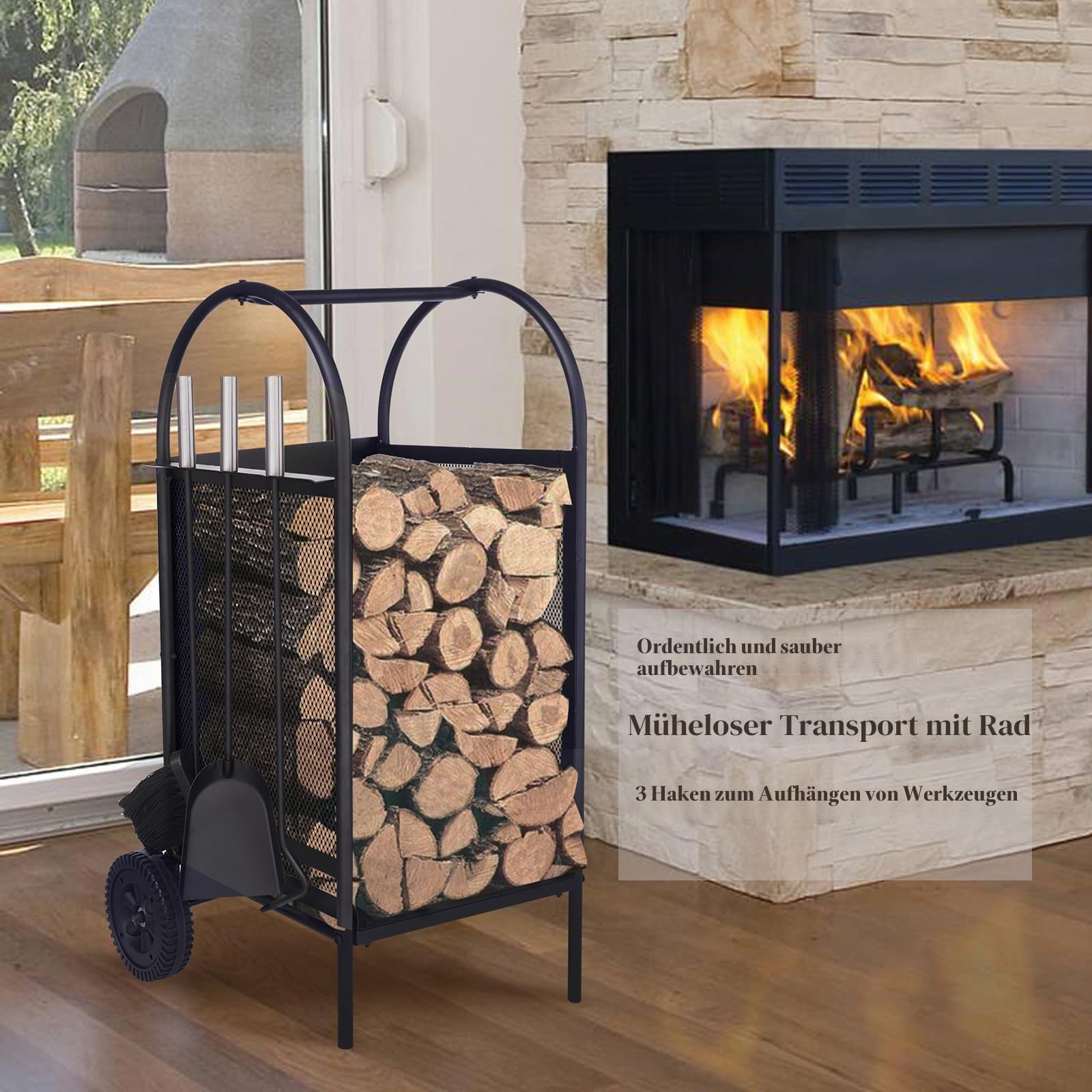 ART TO REAL Brennholz Warenkorb mit Rädern,Brennholzregal Innen Firewood Log Rack mit 3 Tools Kamin Log Carriers Inhaber schwarz Schmiedeeisen Kaminholzwagen mit Rädern