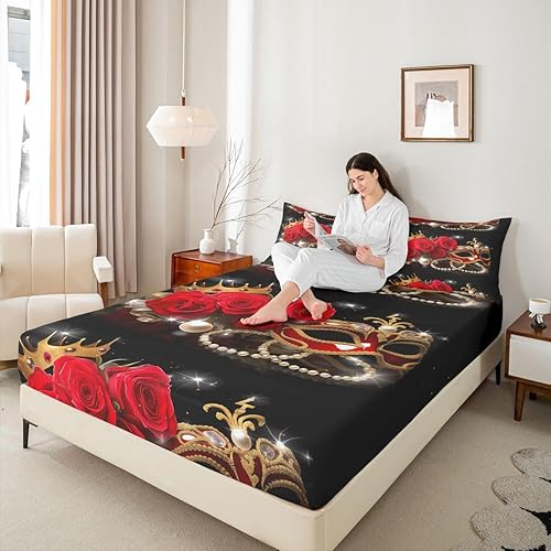 Miniatura 5 de Juego de ropa de cama para parejas, diseño de rosa roja, corazón de amor, sábana bajera ajustable en forma de corazón, sábanas de perlas blancas en