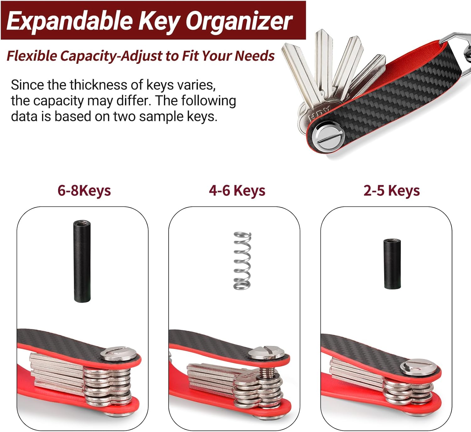T-carbon Key Organizer, Carbon Fiber Leather Compact Key Holder, Silent Keychain, Expandable Key Case Holds Up to 8 Keys