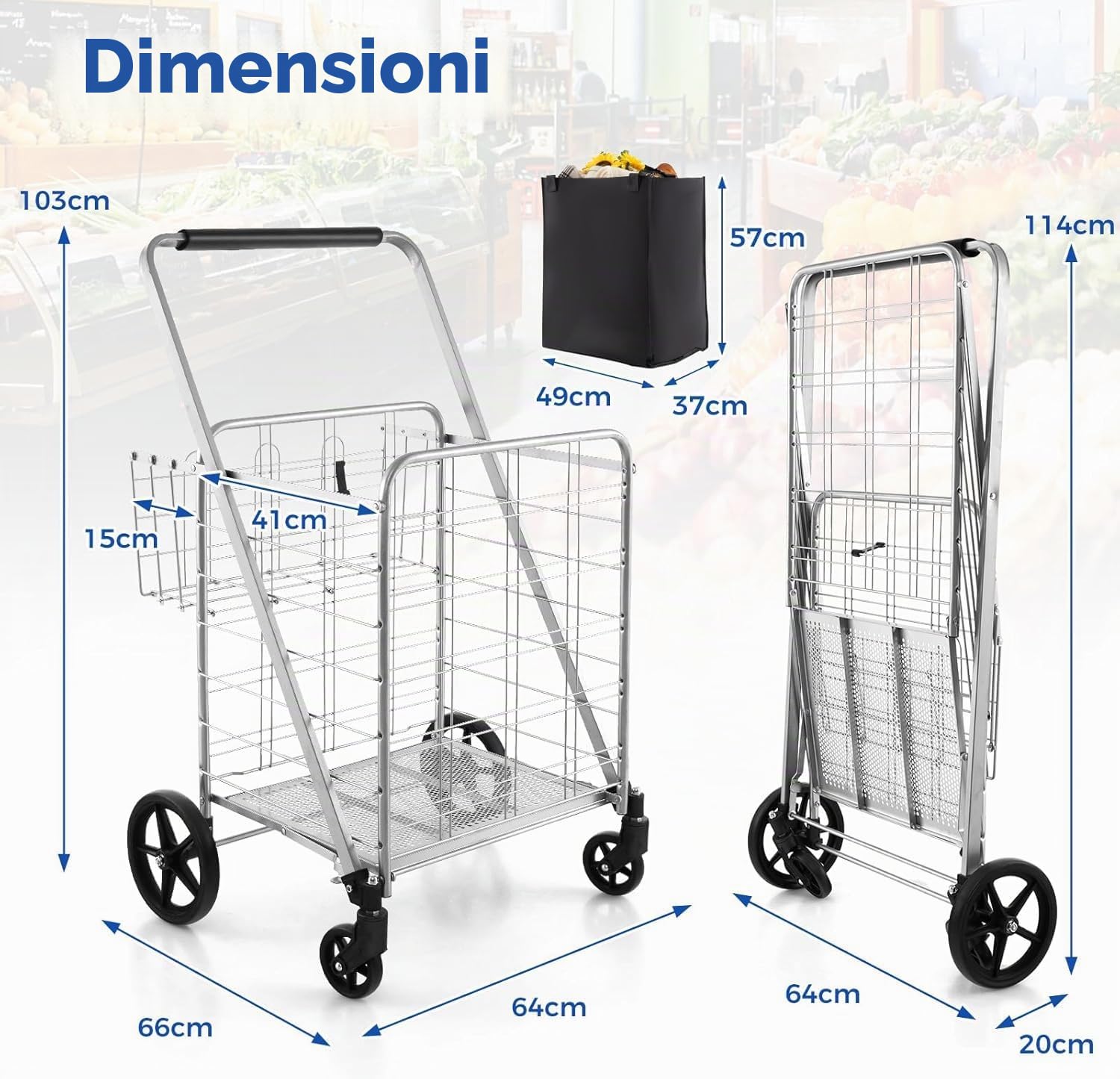 FANASK Carrello per la spesa pieghevole con borsa Oxford rimovibile e 2 cestini, argento su rotelle, carrello per la spesa, 150 kg, carrello multiuso