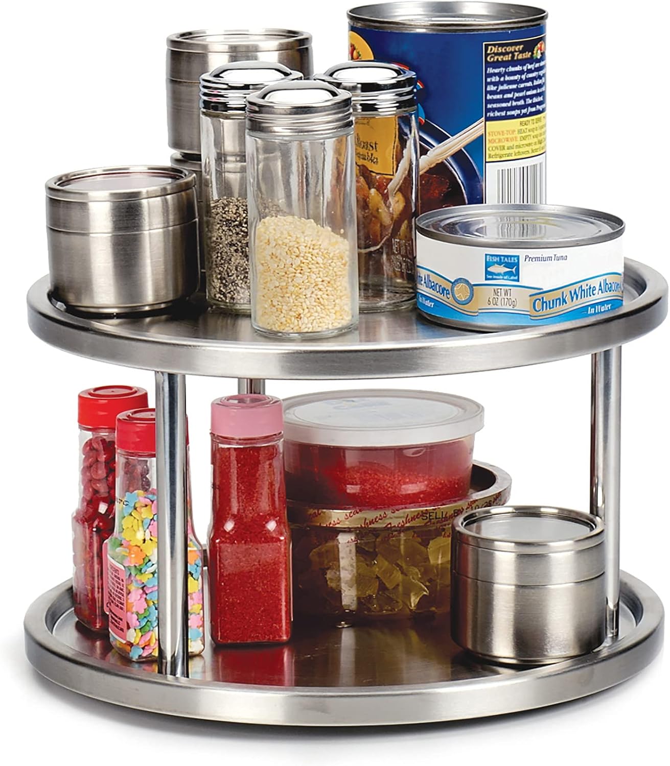 RSVP International Two-Tier Turntable Lazy Susan | Handy in Cabinet, Refrigerators & Counters | Organize Spices, Canned Foods, Pots, Pans, Dinnerware, 10.5" x 6", Stainless Steel