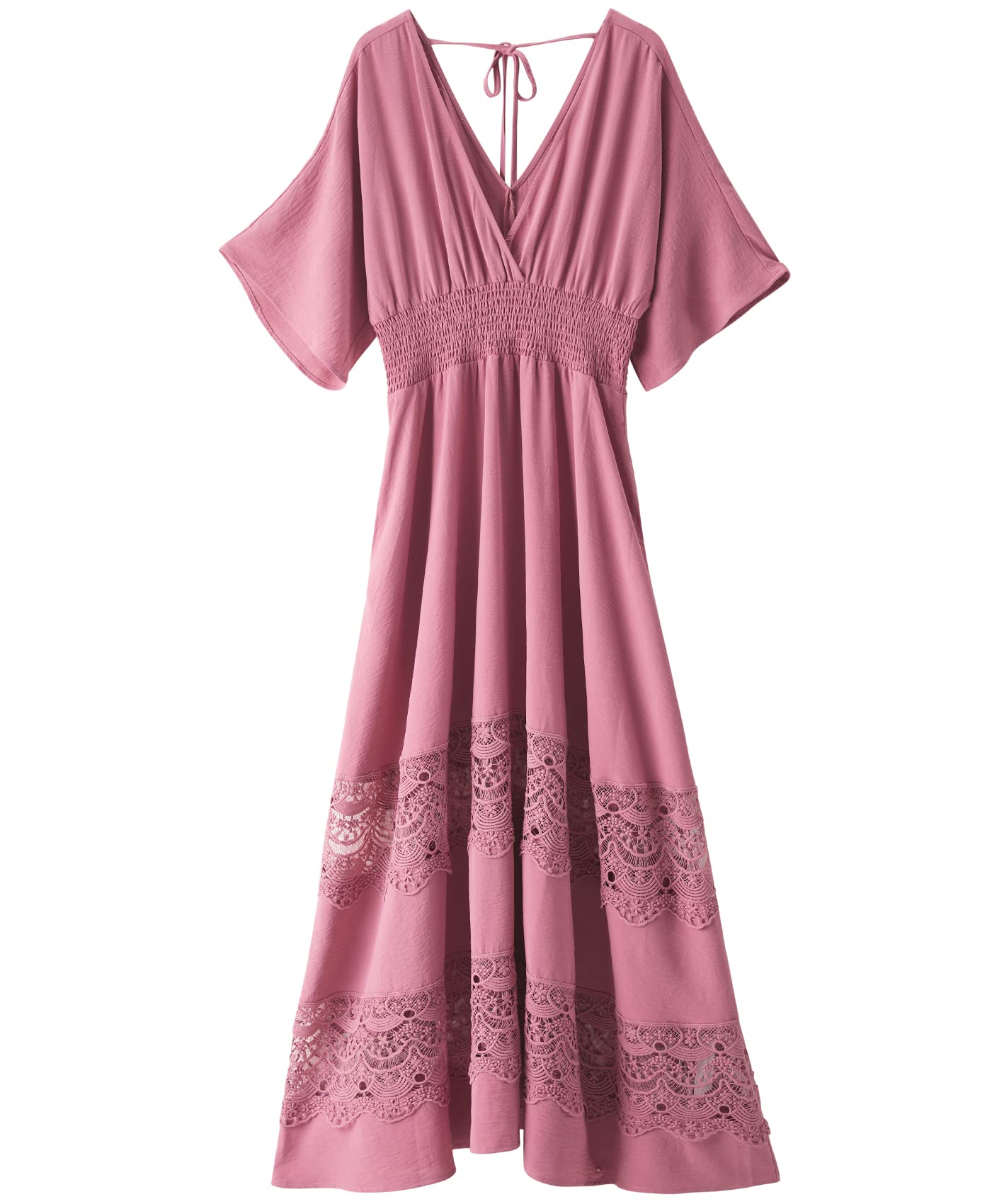 Olaesa Damen Maxikleid Gesmokte Taille Spitze Ösen Flowy Partykleid Rüschen V Ausschnitt Boho Kleid, Rose, Groß