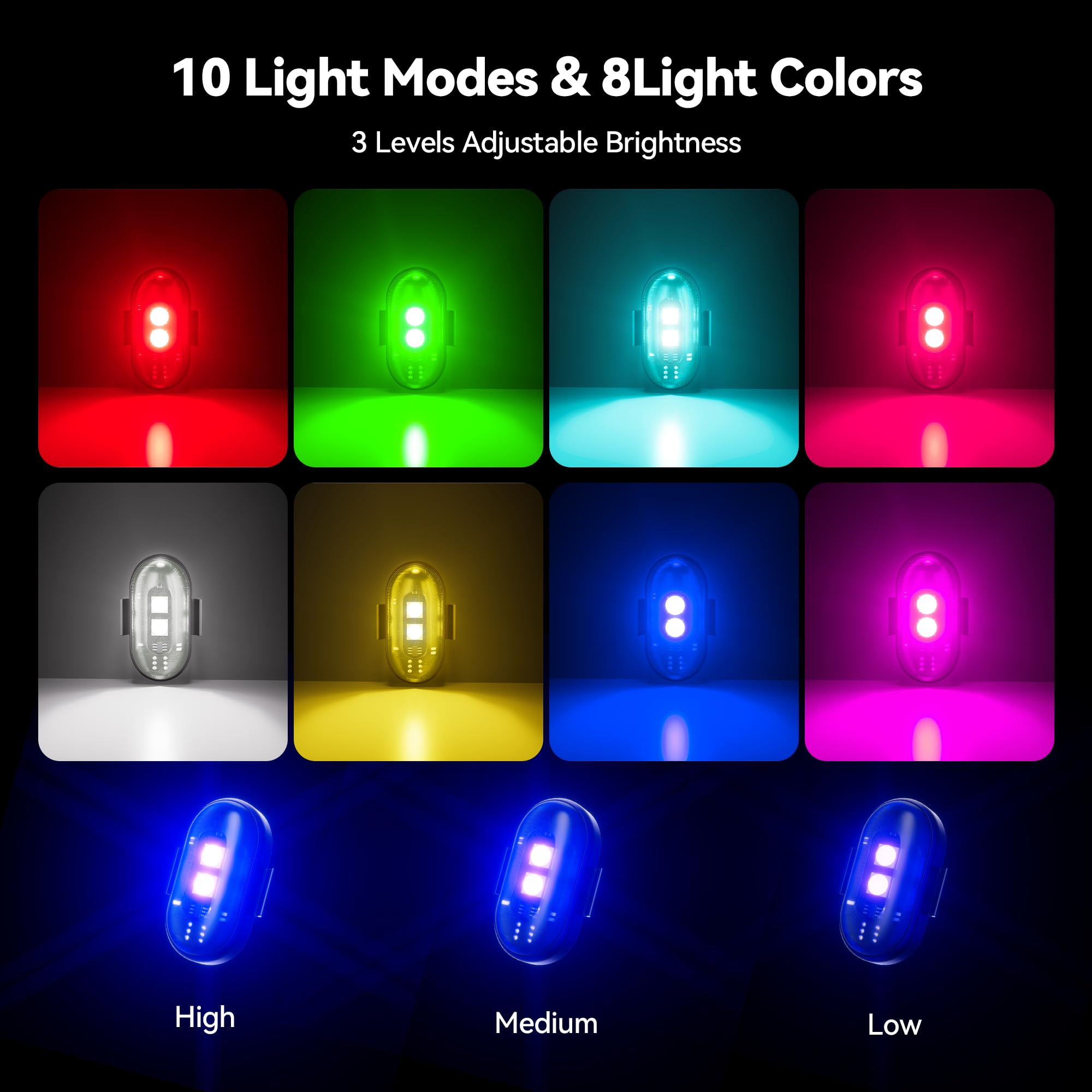 10Pcs Wireless LED Strobe Lights for car with Remote Control, 8 Colors USB Charge high Brightness Wireless led Light IP65 Waterproof Anti-Collision for Car Drone Truck Motorcycle Aircraft Bike