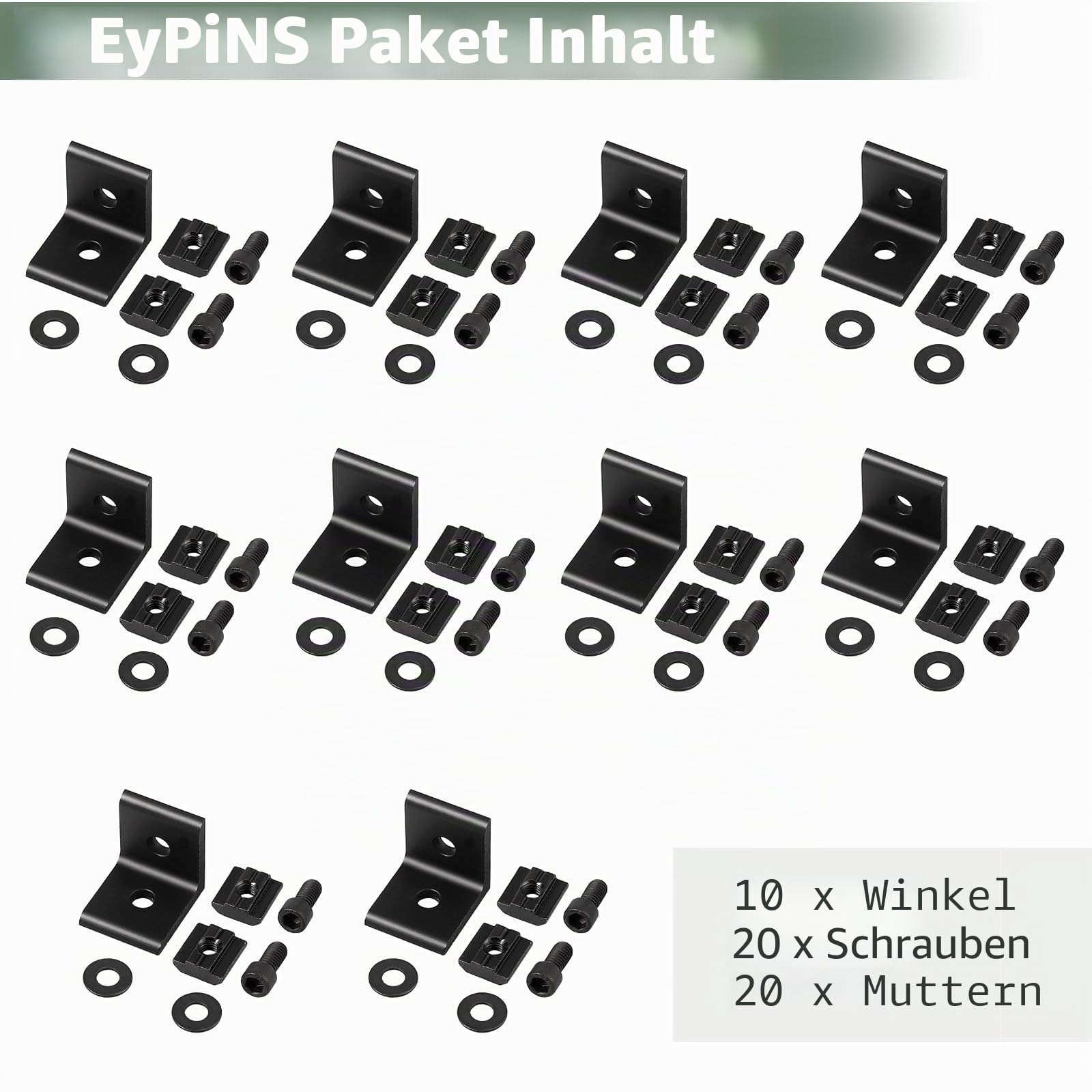 EYPINS 10X Winkelverbinder ALU, Winkel Befestigung Befestigungsmaterial Aluprofil 30x30 30x60 Nut 8 Raster Streben Aluminium Bauwinkel Möbelwinkel Eckwinkel für Aluminiumprofil, Strebenprofil, Schwarz