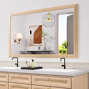 Amorho Bathroom Mirror, 60 X36 Inch Wall Mirror, Oak Wood Grain Metal Framed, Anti-Rust, Hang Horizontally/Vertically, Suitable for Bedroom, Farmhouse, Bathroom, Decorative