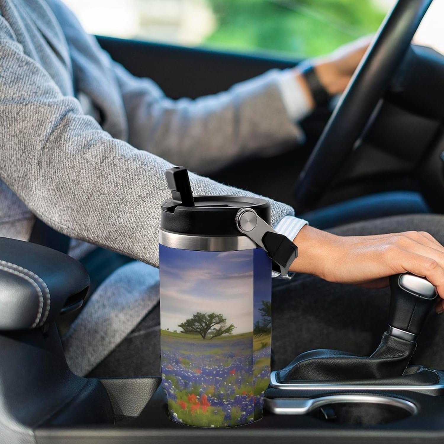 30oz Insulated Tumblers with Top Handle, Stainless Steel Texas Bluebonnets Scenery Car Cup with Straw for Gift, Leak-Proof Double Wall Vacuum Travel Mug, Personalized Water Bottles Black