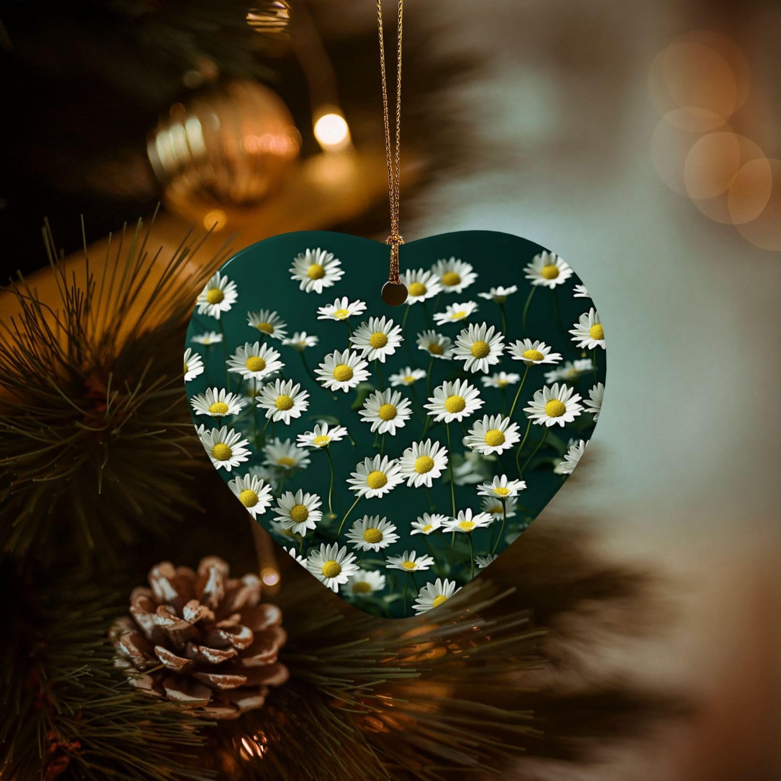 Christmas Tree Ornaments Ceramics Christmas Decorations Green Daisy Background Ornaments with Gold Ribbon Porcelain Xmas Tree Crafts Heart Shape Hanging Pendant for Christmas Tree Party Decor
