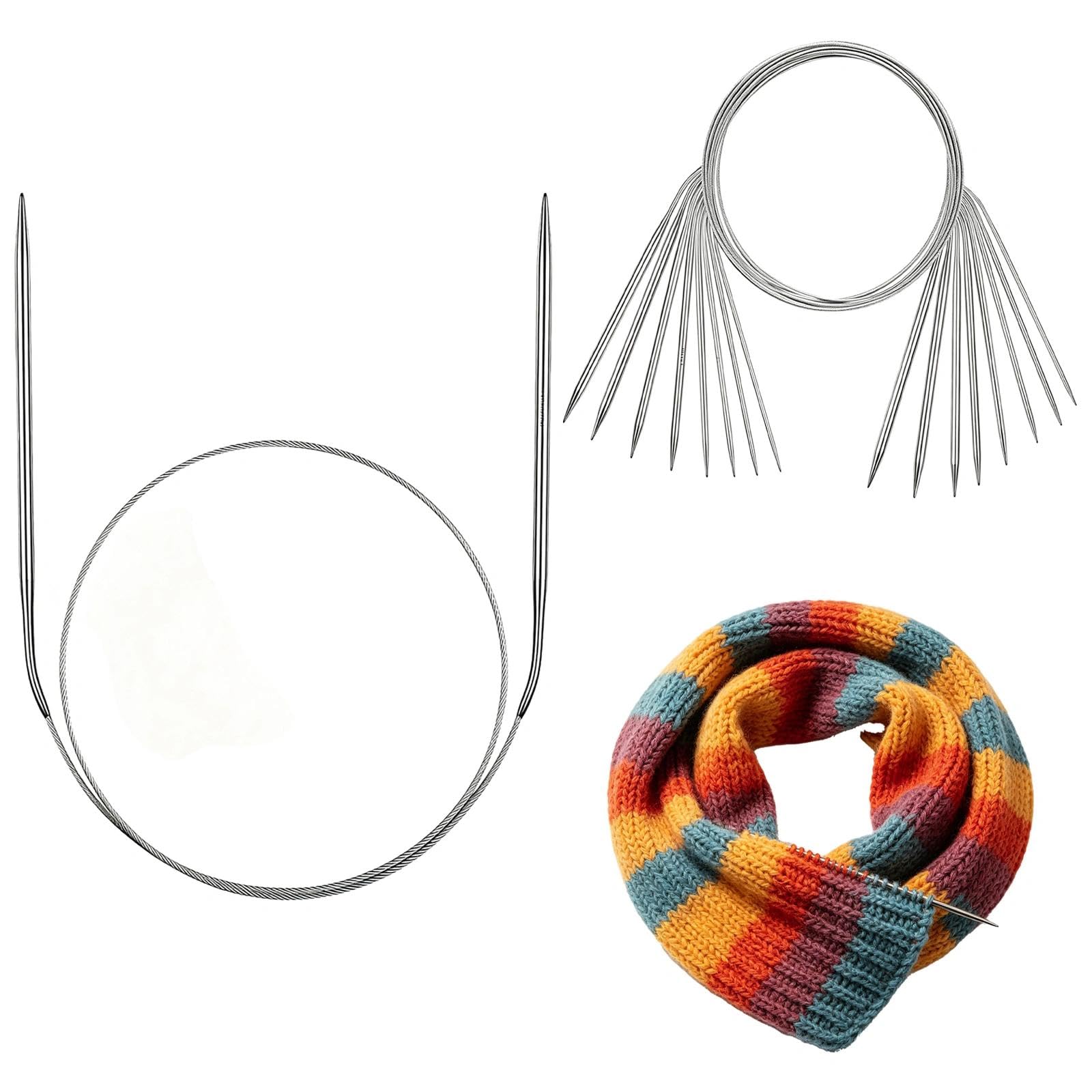 Chovize Silver 9Pcs Circular Knitting Needle Set Stainless Steel Knittings Needles (2.0-6.0Mm) Flexible Cable Round Knitting Needles For Sweaters Scarves Hats Blankets Diy Projects