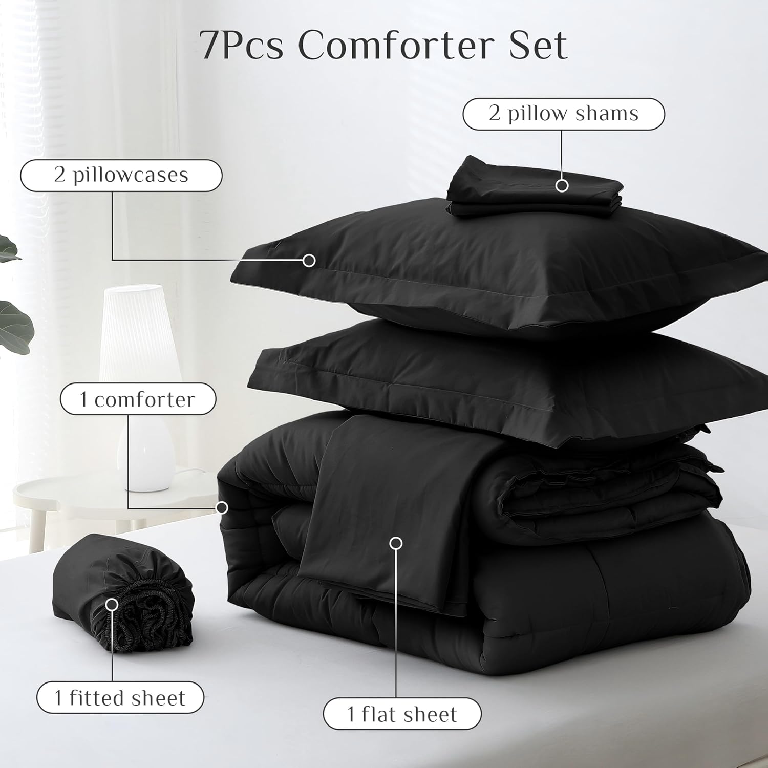 JOLLYVOGUE Queen Comforter Set 7 Pieces - Black Bed in a Bag Ultra-Soft - Goose Down Alternative - Premium 1800 Series with Comforter, Sheets, Shams & Pillowcases