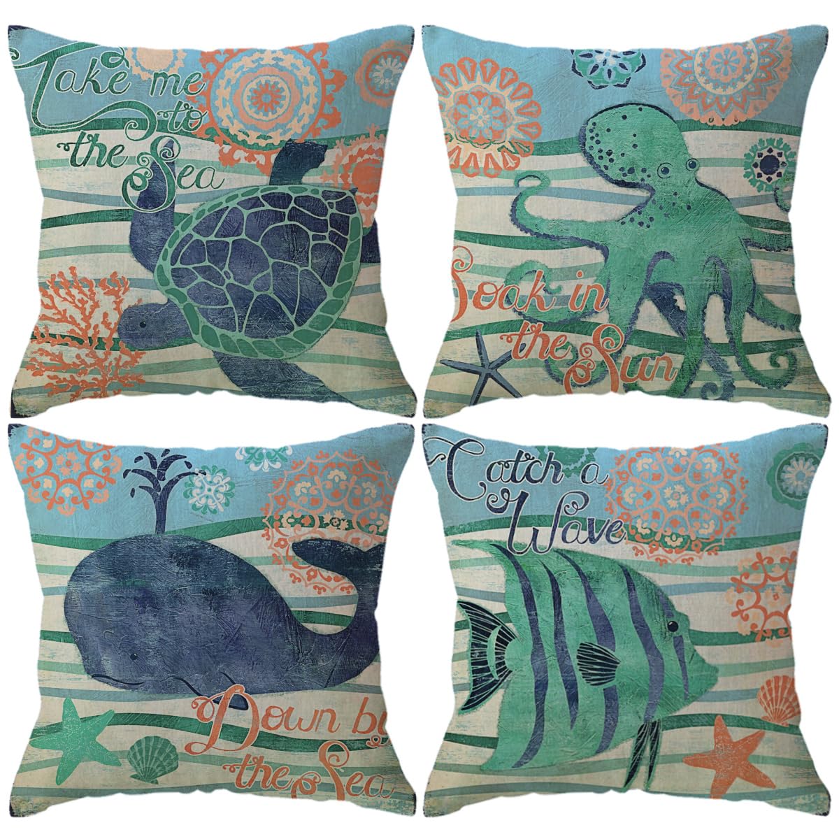 Sea Throw Pillow Covers Ocean Theme Seaturtle Octopus Whale Fish Pattern Beach House Decorative Cushion Cover Coral Teal Coastal Pillowcases 18 X 18 Inches,4Pack for Sofa Couch Porch