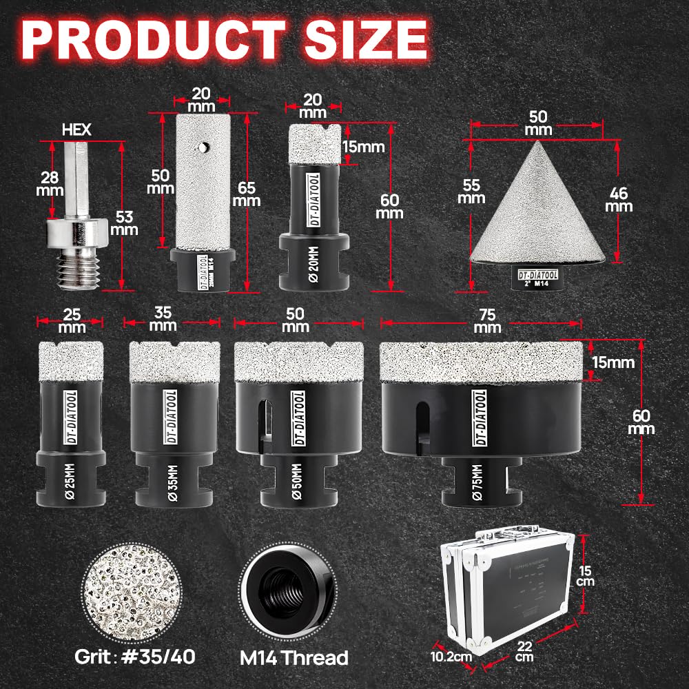 DT-DIATOOL Diamentowa otwornica M14 20/25/35/50/75 mm, 50 mm, wiertło fazowe diamentowe 20 mm, wiertło diamentowe 20 mm i gwint M14 na adapterze sześciokątnym, zestaw wierteł diamentowych do gresu,