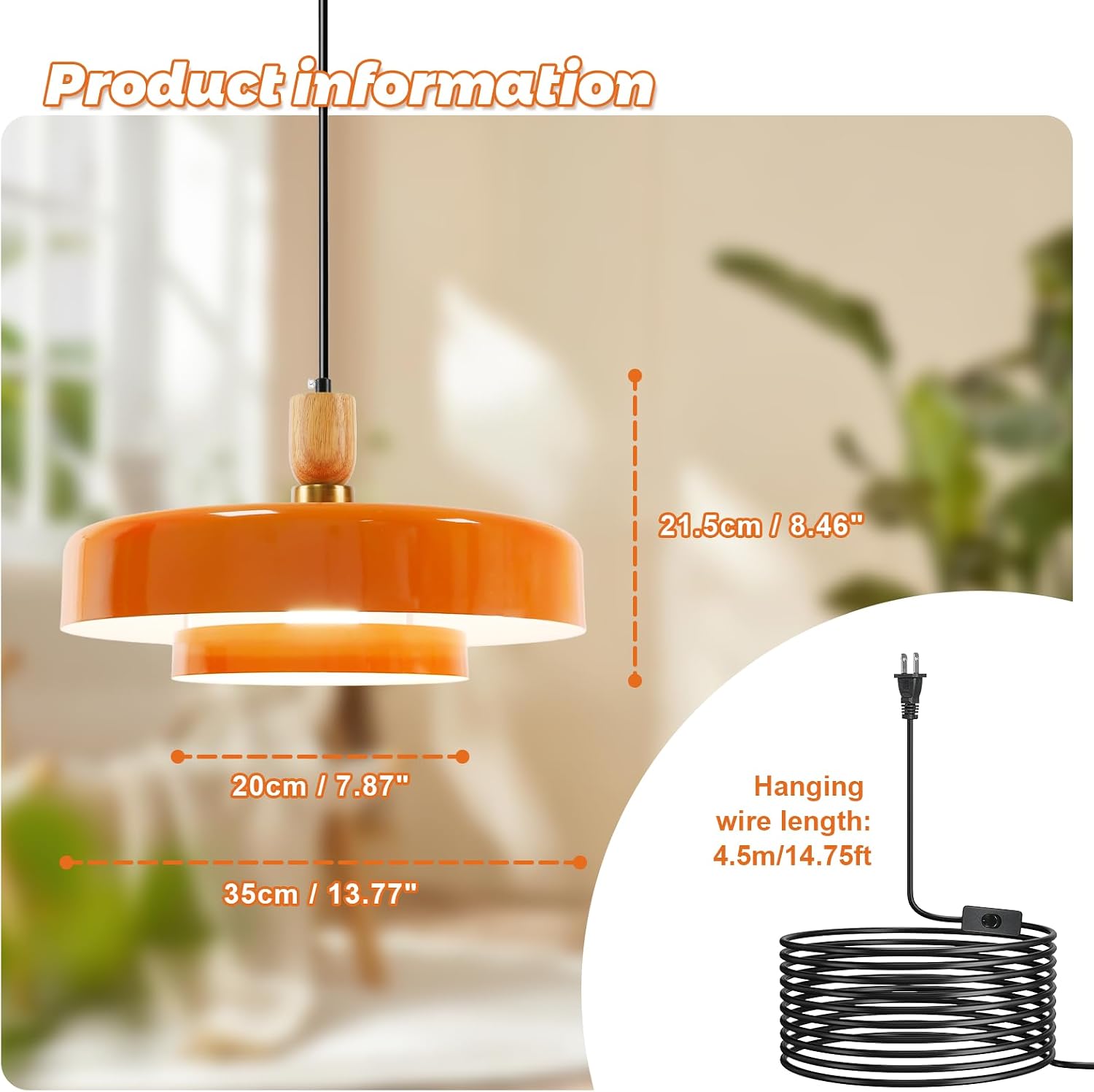 Orange Plug-in Pendant Light, Mid Century Modern Hanging Lamp with Wood Accent, Adjustable Cord & On/Off Switch, E26 Base for Kitchen Island Dining Room