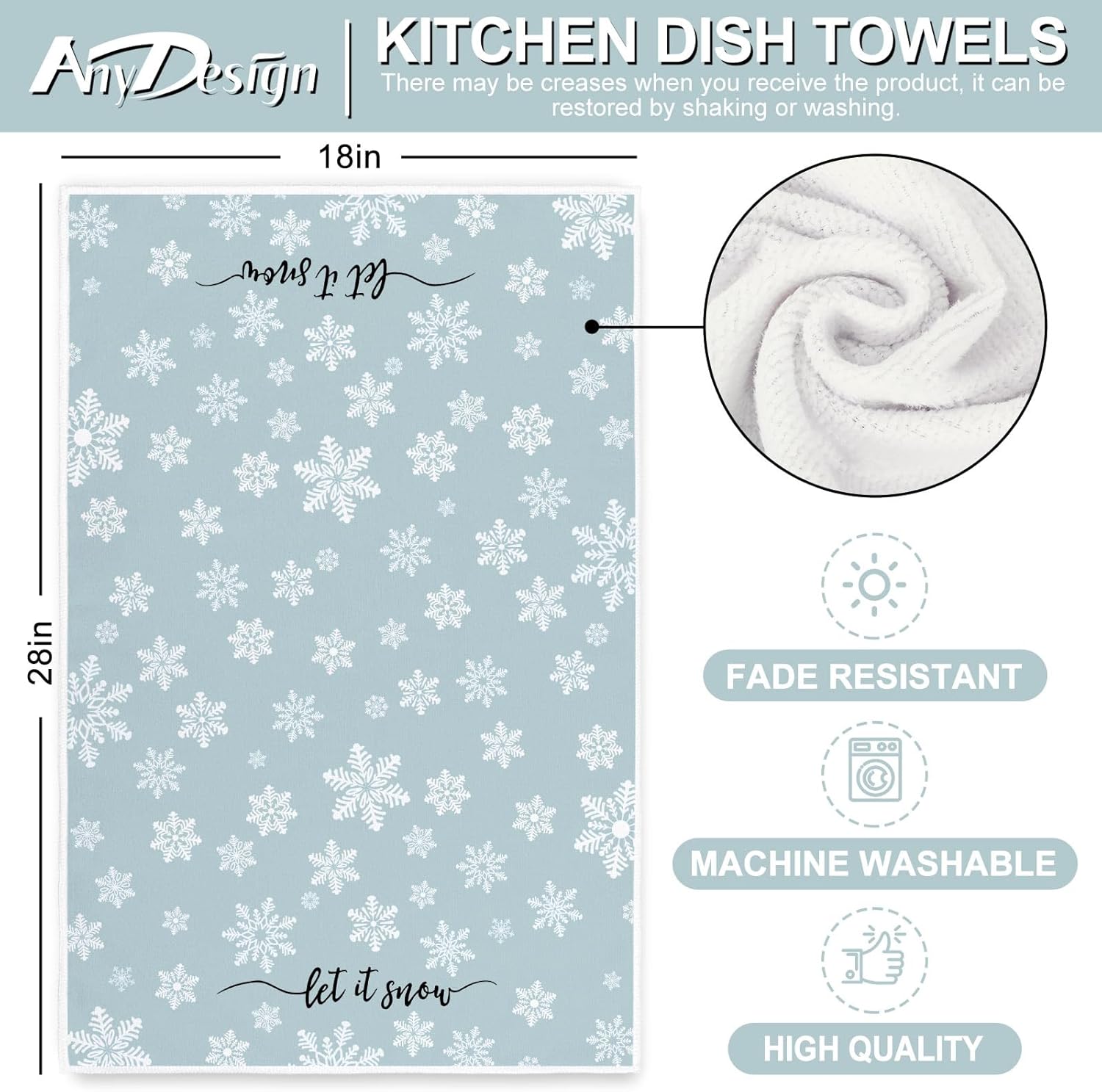 Winter Kitchen Towel 18 x 28 Inch Blue Christmas Snowflake Dishcloth Xmas Seasonal Hand Drying Tea Towel for Cooking Baking Cleaning Wiping, 2Pcs - Image 2