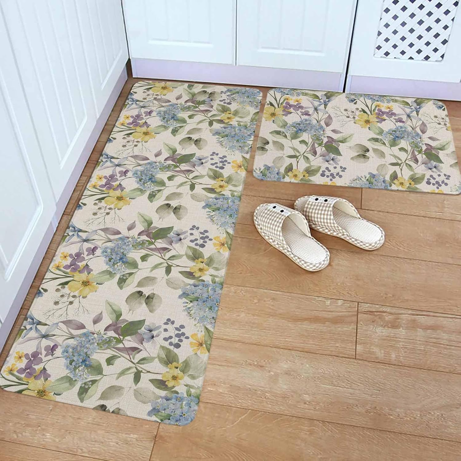Vintage Spring Floral Kitchen Rugs and Mats Set of 2, Non-Slip Kitchen Sink Mat, Farmhouse Flowers Rustic Washable Doormat Bathroom Rugs Runner for Bedroom/Living Room 19.7"x23.6"+19.7"x47.2"