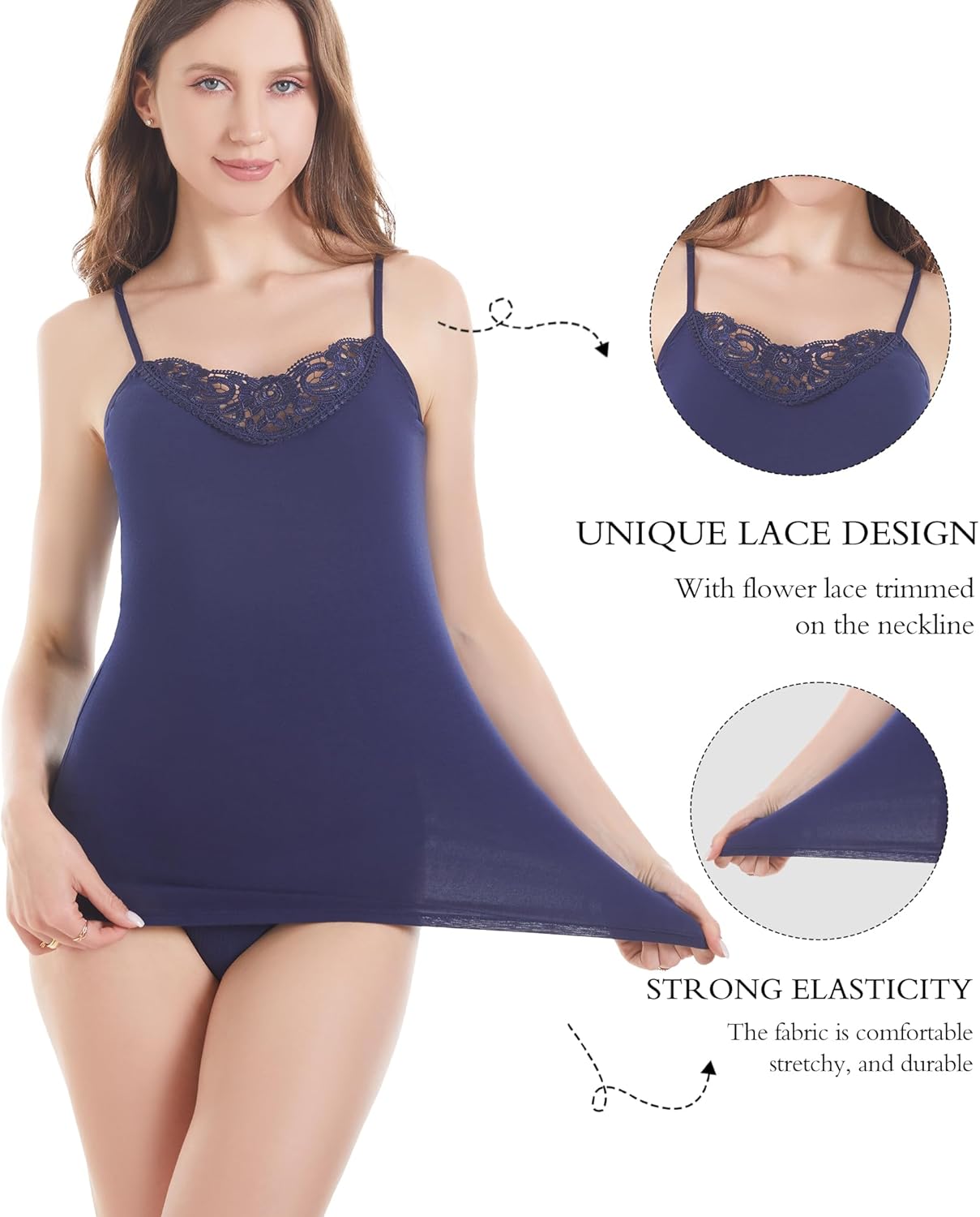 Womens Tank Top Camisoles with Premium Cotton Italian Design - Trimmed with Flower Lace on Neckline - Image 2