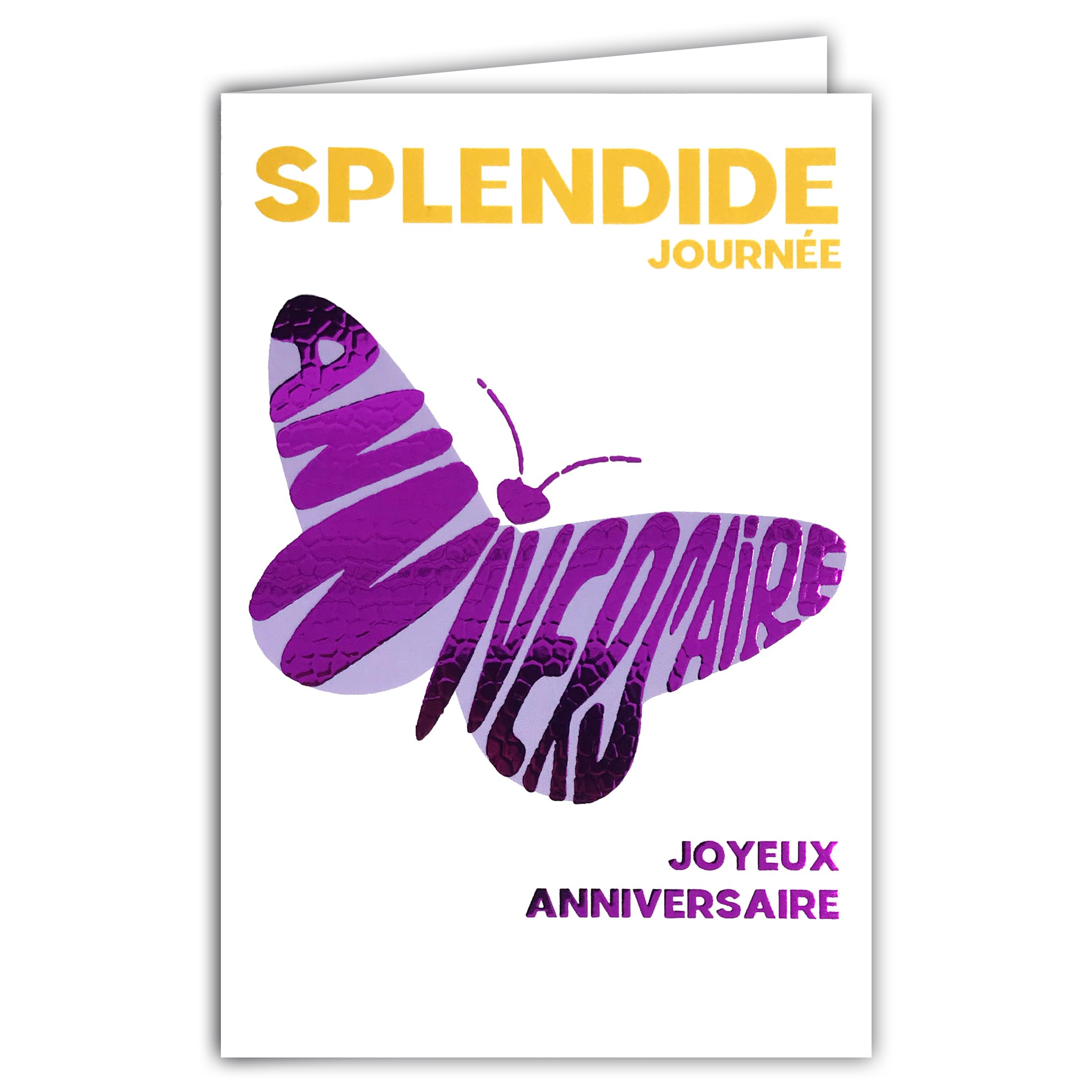 69-9012 Happy Birthday Card + Envelope 12 x 17.5 cm Butterfly Design Fuchsia Pink Shiny Silhouette Shape for Girl and Woman Passionate about Lepidoptera – Creation Print Made in France