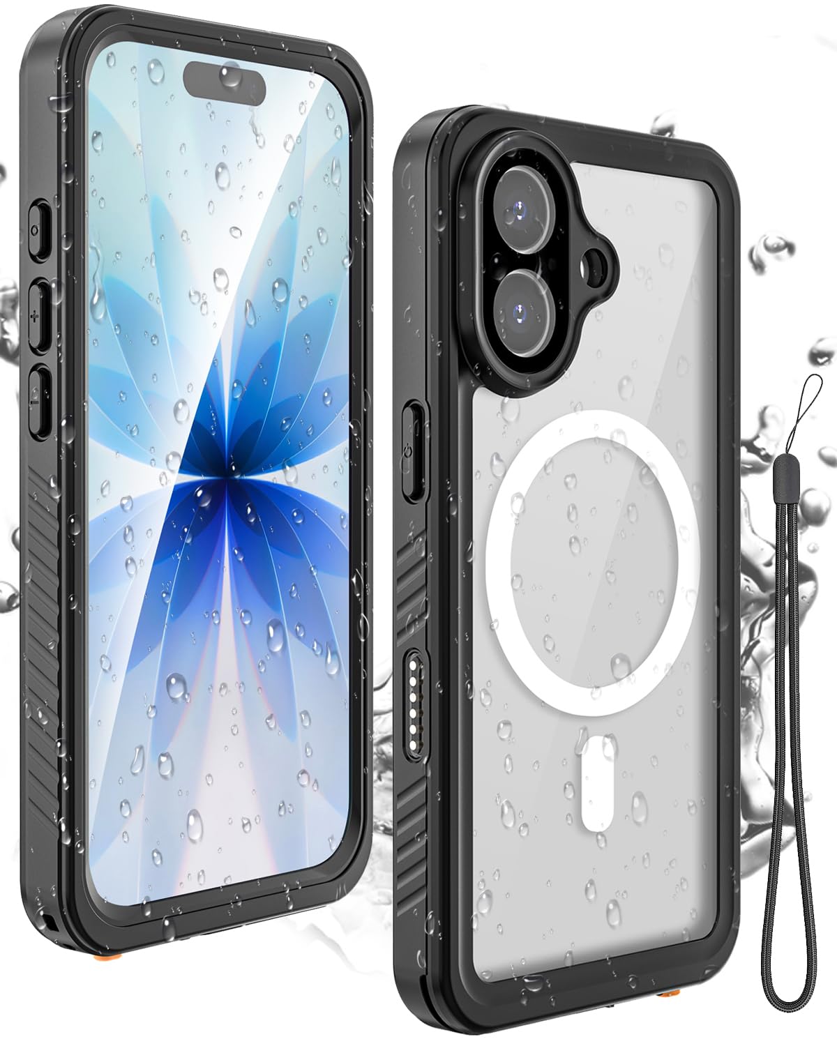 Miimall 対応 iPhone 17 用防水ケース Magsafe対応 IP68規格 アイフォン17 完全防水カバー フィルム付き 防塵 耐衝撃 落下・傷防止 360全面保護ケース 現場 お風呂 海 浴室 水中 ストラップホール付き いphone 17用両面カバー ブラック