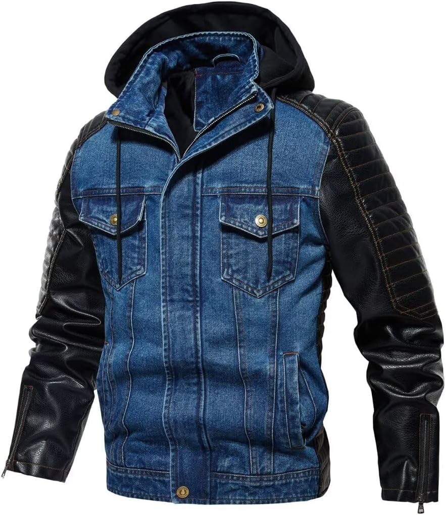 FTIMILD Men's Denim Jacket Vintage Jean Trucker Jacket with Leather Patchwork Multiple Pockets - Image 2
