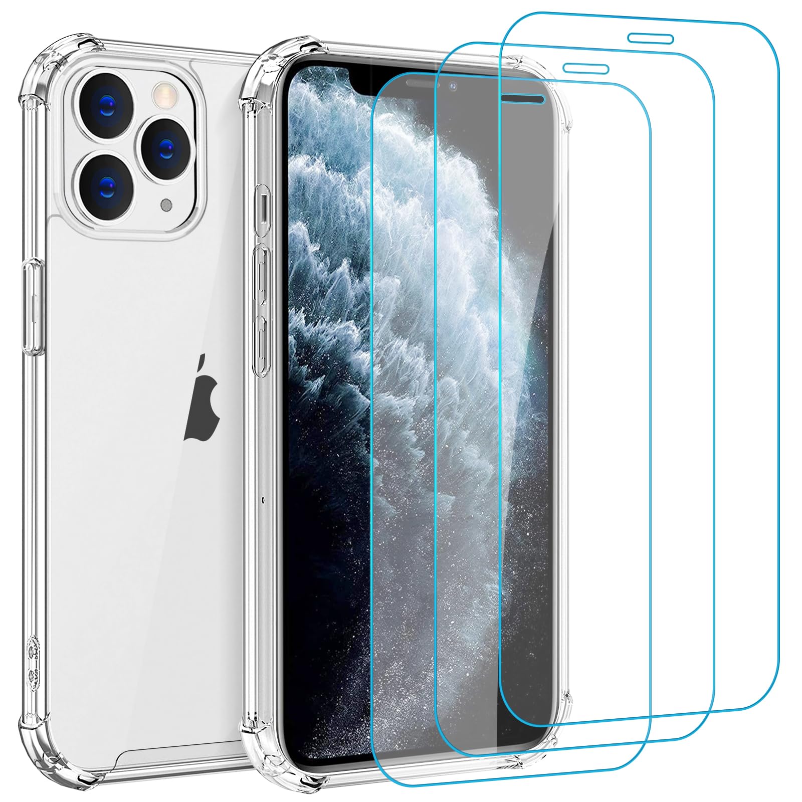 Whioltl Funda para iPhone 11 Pro Max con 3 protectores de pantalla de vidrio templado, funda transparente para teléfono, antiarañazos y absorción de golpes, funda básica transparente compatible con