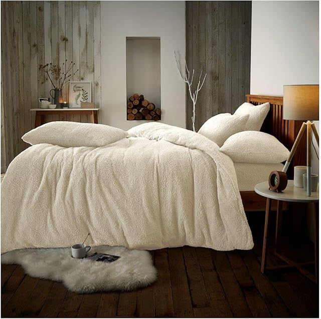 GC GAVENO CAVAILIA Teddy Fleece Double Duvet Set With Pillowcases, Thermal Warm & Cosy Super Soft Fluffy Bear Bedding, Cream