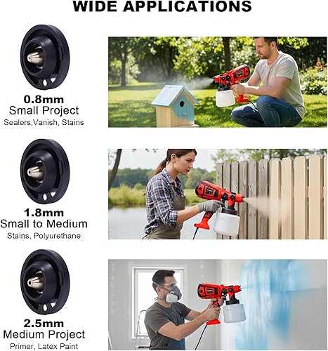 Miniatura 7 de Pulverizador de pintura, pistola eléctrica HVLP de 800 W con juntas de limpiezasoplado, 3 boquillas de 3 patrones y recipiente de 47.3 fl oz,