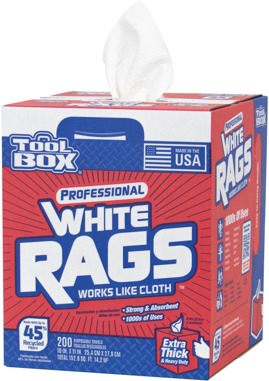 TOOLBOX® Professional White Rags Center-Pull Box, 200 Sheets (11" x 10") – Made in USA | Multi-Purpose Disposable Wiping Rags for Painting, Cleaning, Auto, and DIY Projects