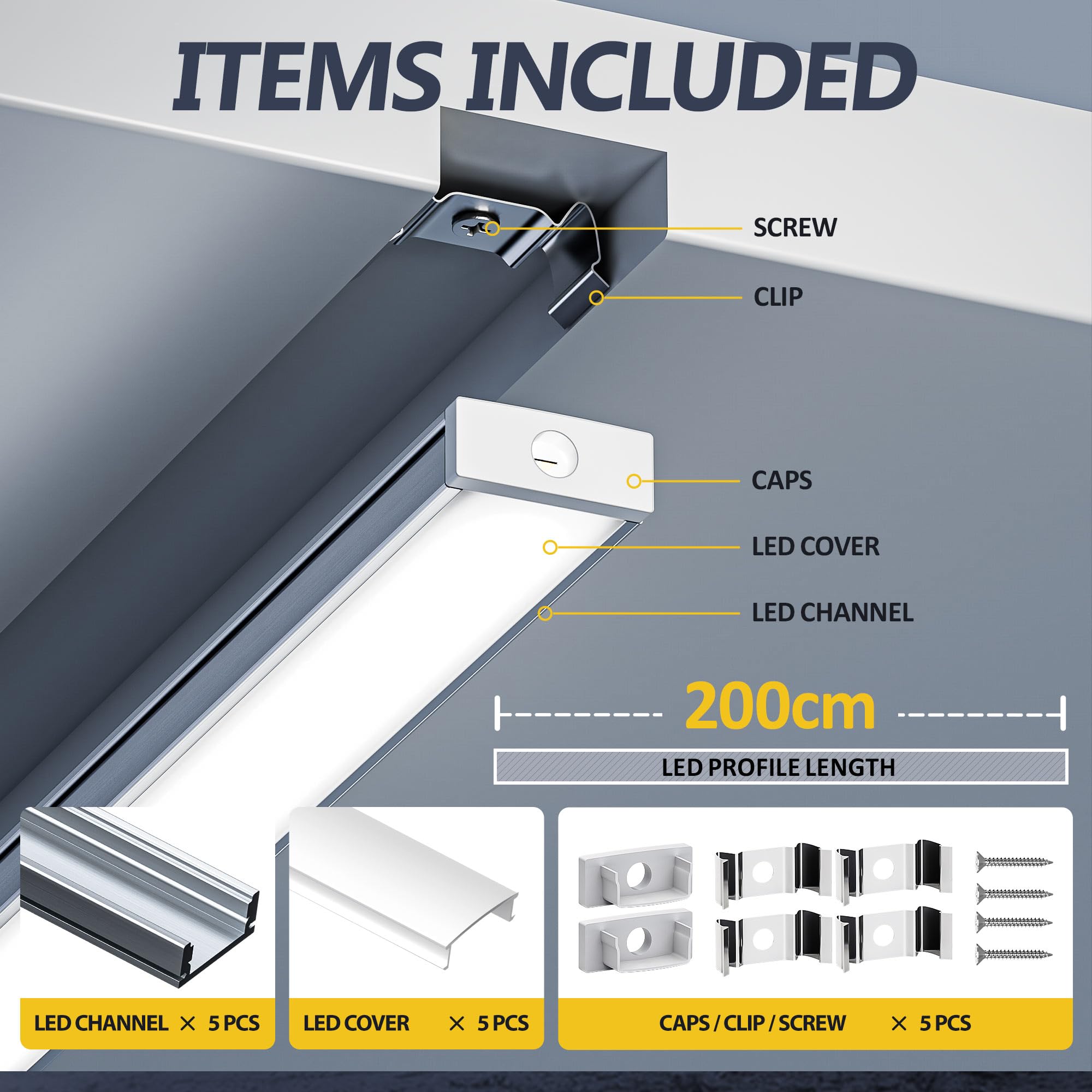 GEEKLUX 5 x Profilo LED da 2 m per Strisce LED (Totale 10 m), Profilo Alluminio 17,4 x 7 mm con Diffusore Opaco, Canale U per Striscia Led fino a 12 mm, Compatibile con Cartongesso e Soffitto