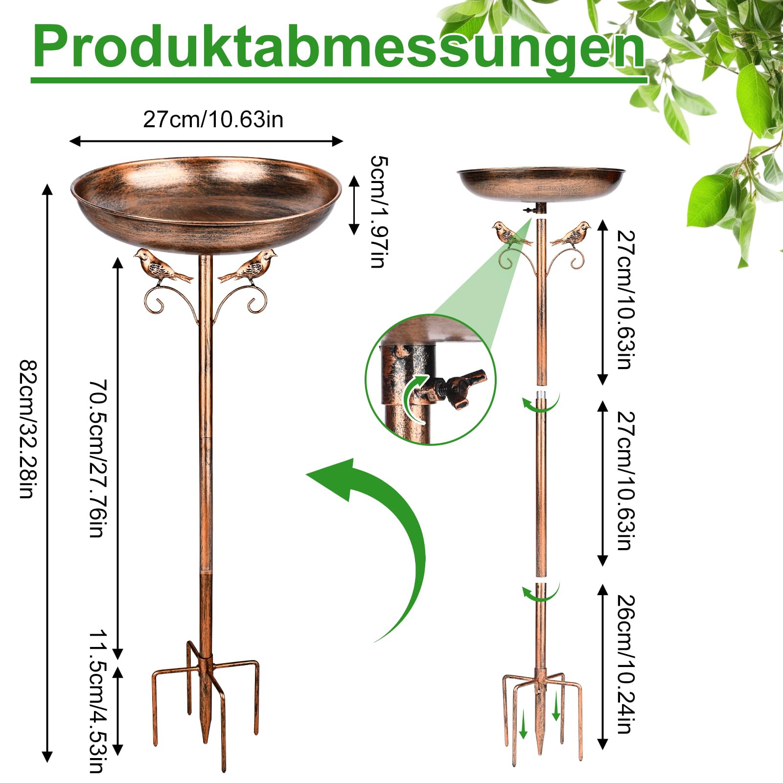 Vogeltränke Stehend,Vogelbad für Draußen Garten,Vogeltränke Metall Vintage mit Stabiler 5-Zinken-Basis,Vogeltränkes Winterfest Futter Wasserschale