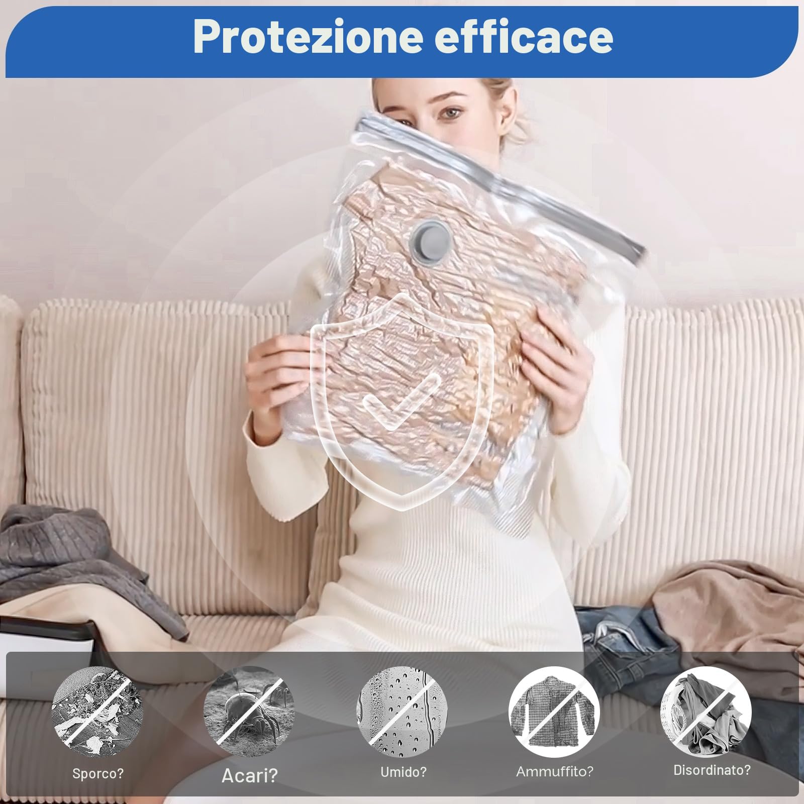 Sacchetti Sottovuoto Vestiti con Pompa USB, 6 Pezzi di Buste Sottovuoto Vestiti (2X 40*40cm, 2X 40*50cm, 2X 40*60cm), Sacchetti Sottovuoto Viaggio Riutilizzabili - Essenziali per Viaggio Salvaspazio
