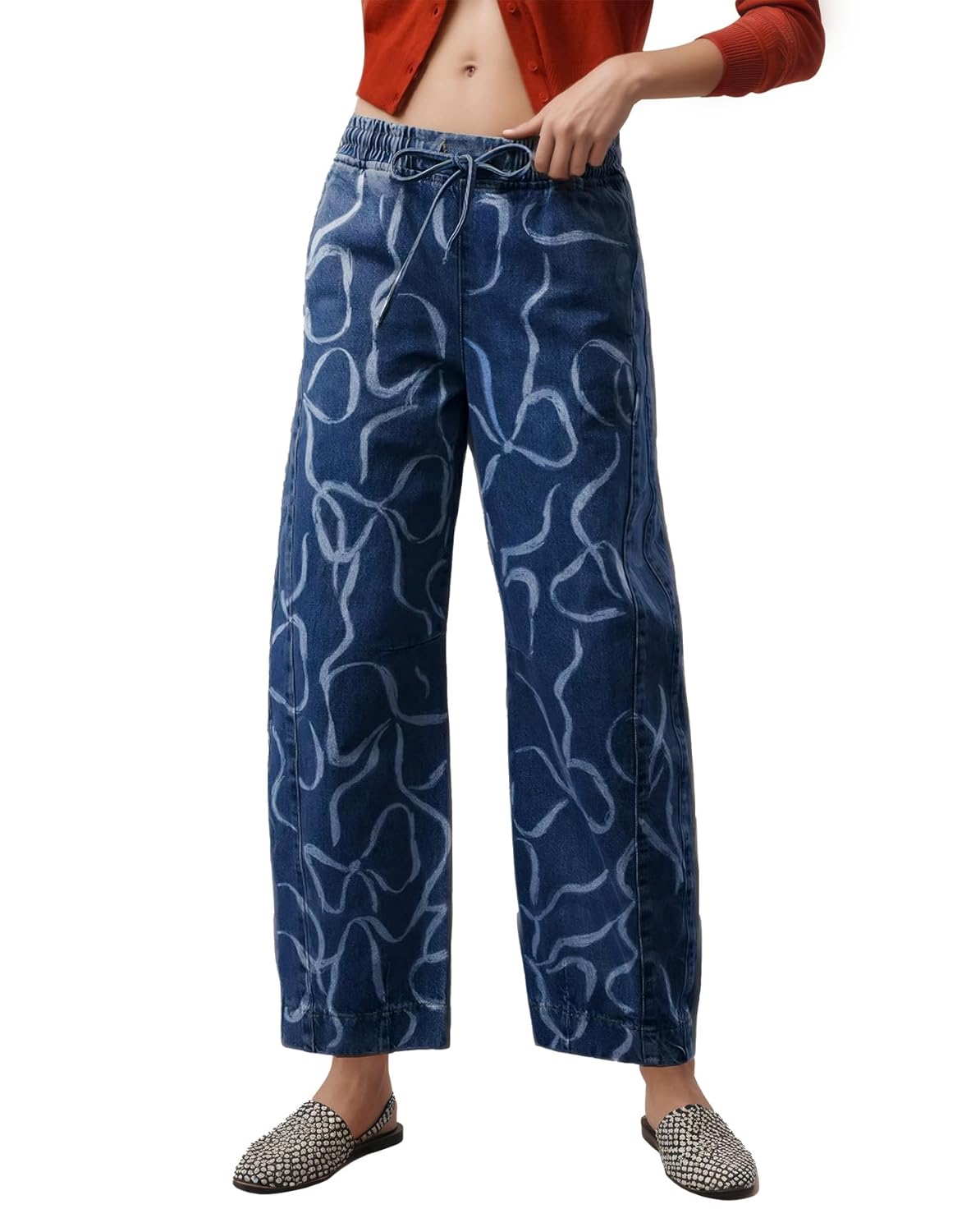 Kedera High Rise Bow Print Barrel Jeans for Women Wide Leg Denim Pants Baggy Boyfriend Jeans with Pockets