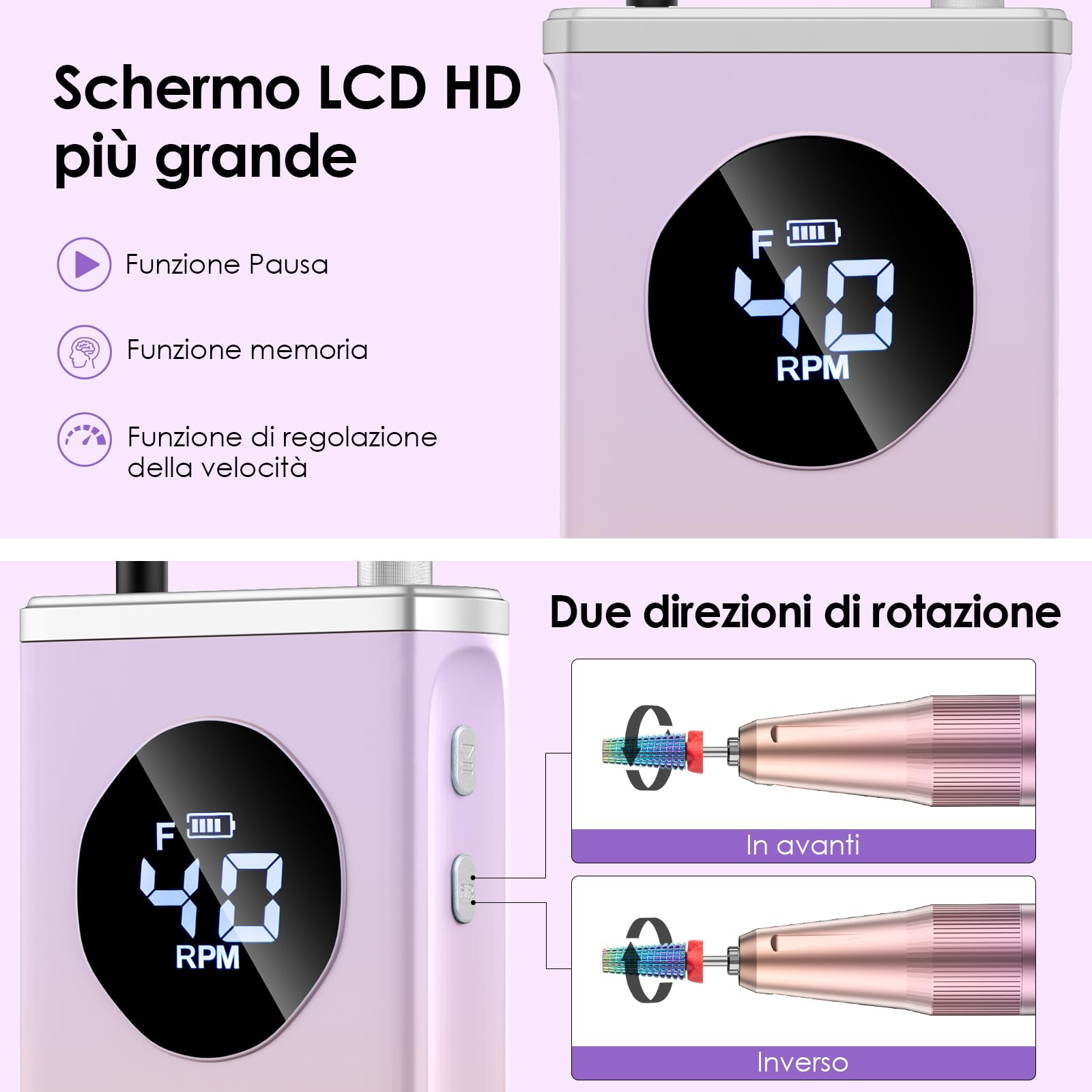 HOMEASY Fresa Elettrica per Unghie Professionale Set Portatile Multifunzione con 16 Testine in Metallo e Ceramica Ricaricabile Display LCD Intelligente per Manicure e Pedicure Viola Rosa