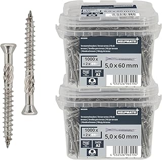 HELPMATE – Terrassenschrauben 5x60 Edelstahl A2 Rostfrei – 2000 Stück Dielenschrauben + T25 Bits – Terrassendielen Schrauben für Außenbereich (Terrassenbau, Gartenhäuser, Bauholzkonstruktionen etc.)