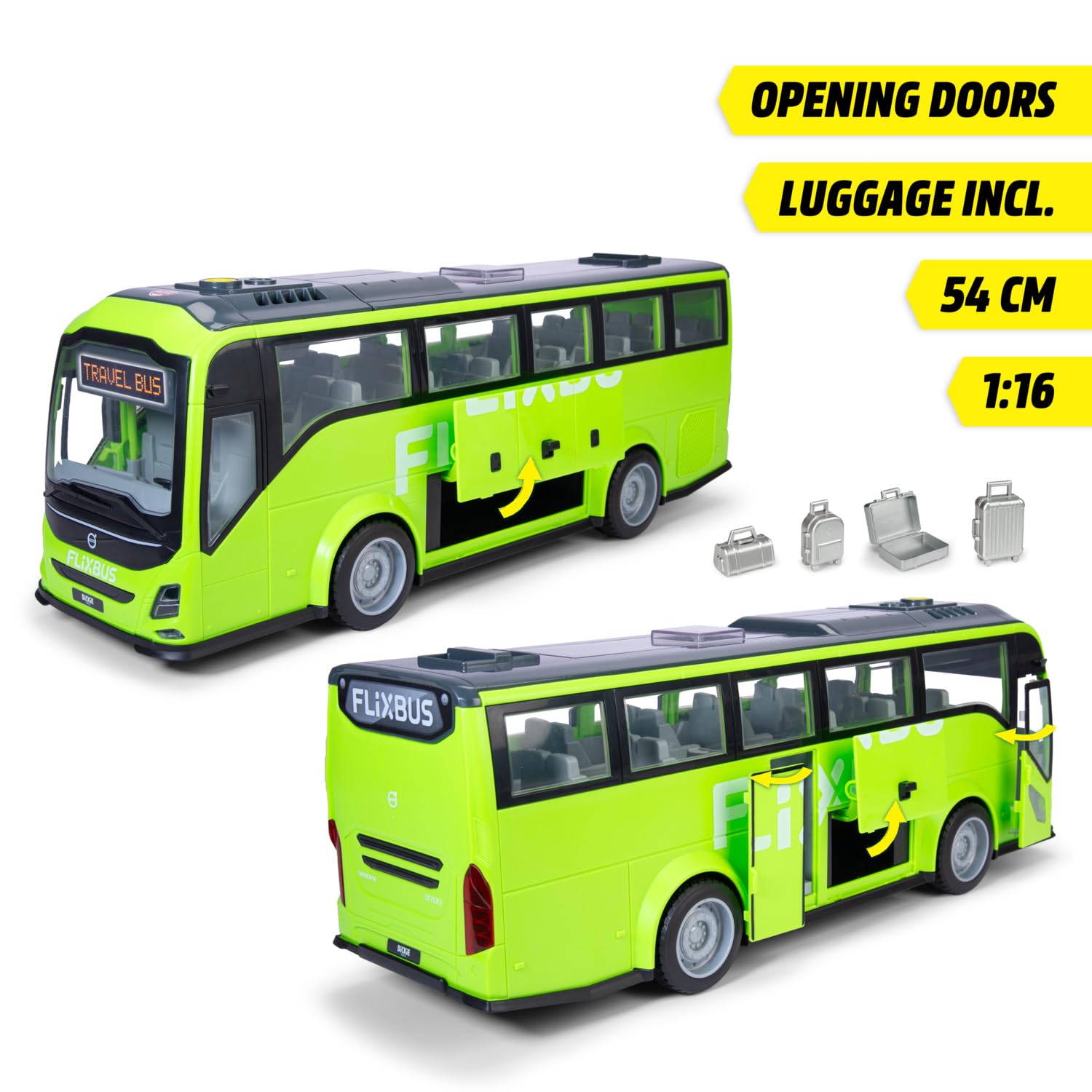 Dickie Toys Volvo 9700 autobus turystyczny 54 cm, autobus zabawkowy dla dzieci od 3 lat, wolny bieg, światło i dźwięk, zdejmowany dach, wnętrze, drzwi i klapy do otwierania, walizka, skala 1:16
