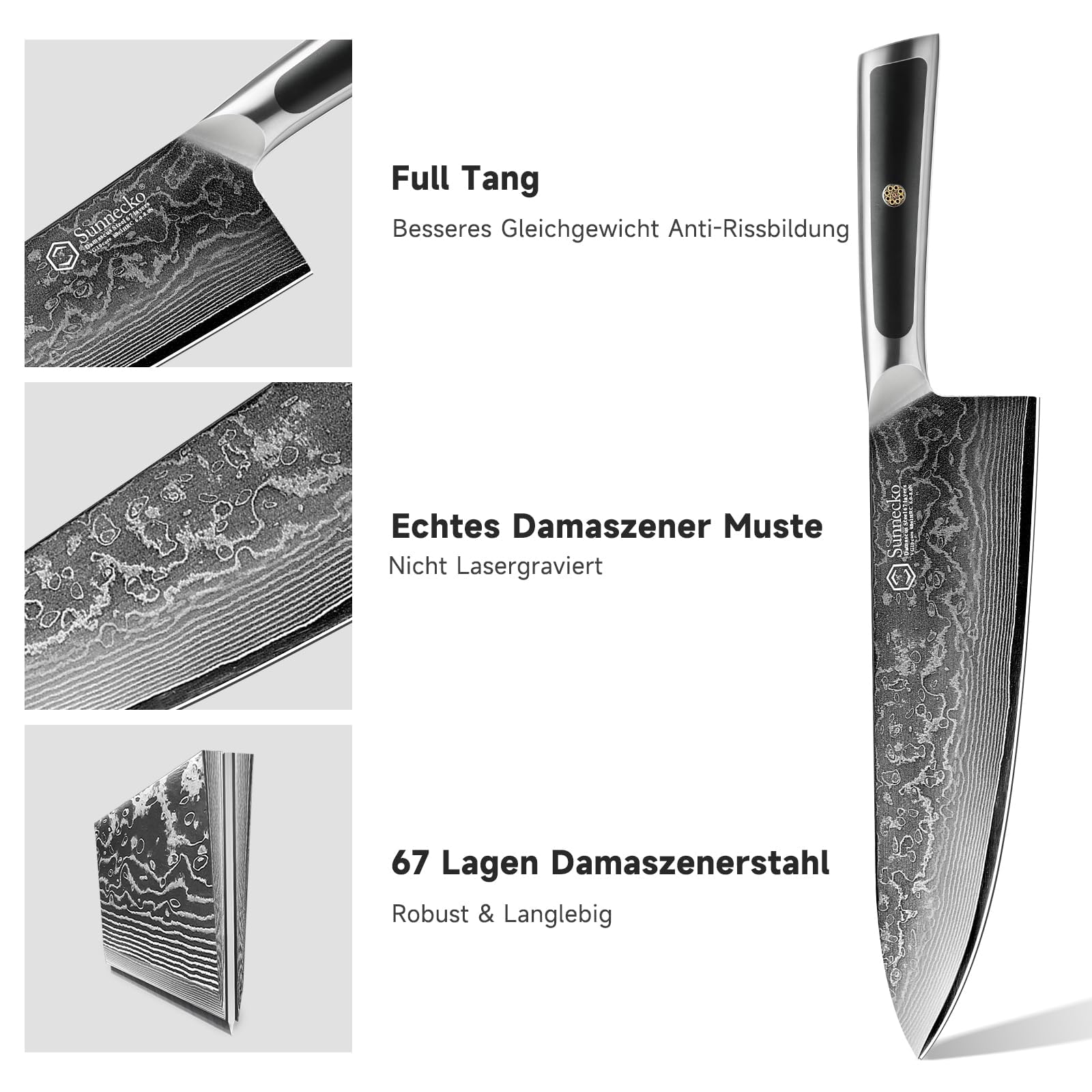 Sunnecko Damastmesser 20cm Kochmesser Küchenmesser | Scharf Messer aus Damaststahl, Damast Küchenmesser mit Ergonomischer Griff, Fleischmesser für Küche