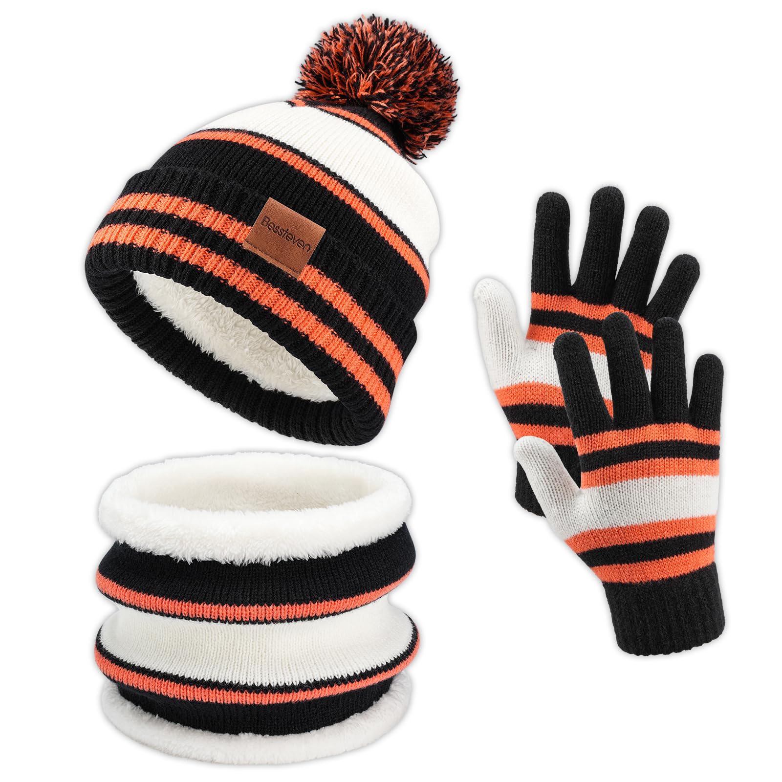 Kids Winter Hat Gloves Scarf Set: Girls Boys Beanie Fleece Lined Ages 6-10