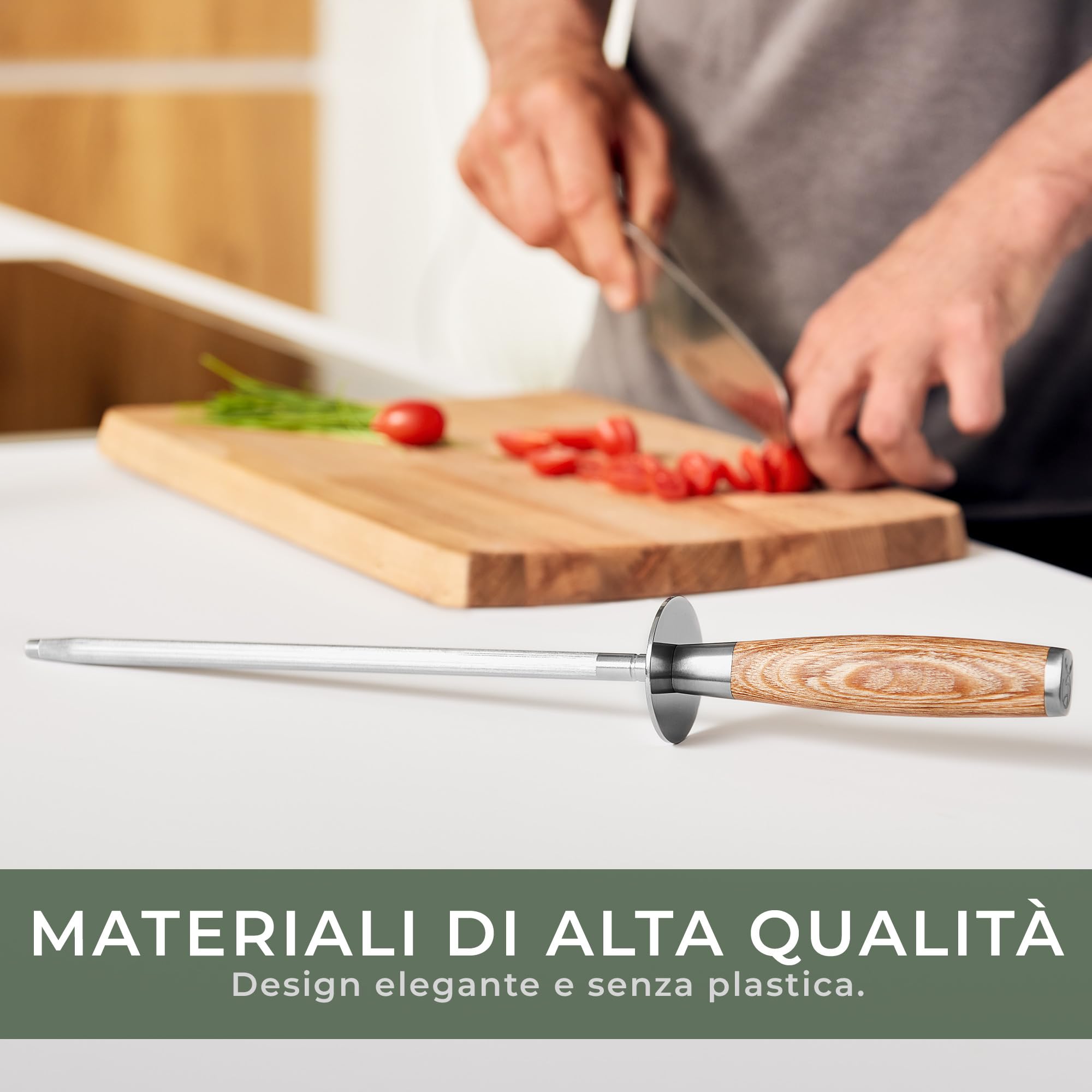 WALDWERK Affila Coltelli Premium – Affilacoltelli in acciaio temprato con elegante manico in legno – Acciaino professionale 100% privo di plastica – Affila Coletelli professionali