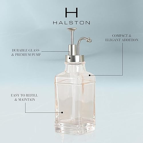 Miniatura 2 de Dispensador de jabón de vidrio rosa rubor con bomba dispensadora de níquel cepillado, moderna bomba recargable para baño, cocina u oficina, elegante