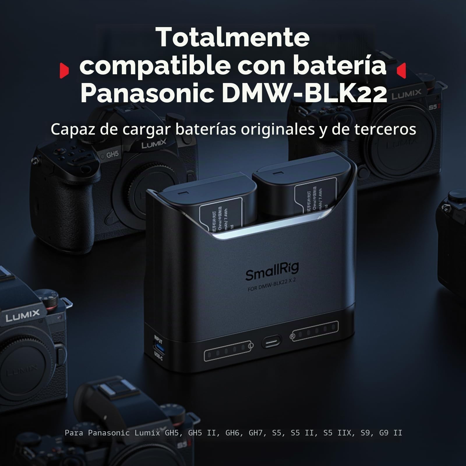 SMALLRIG Kit de Batería DMW-BLK22 para Panasonic, Cargador Dual 22.5W con Baterías 1940mAh, Compatible con Lumix GH5/GH5II/GH6/GH7/S5/S5II/S5IIX/S9/G9II - 5487